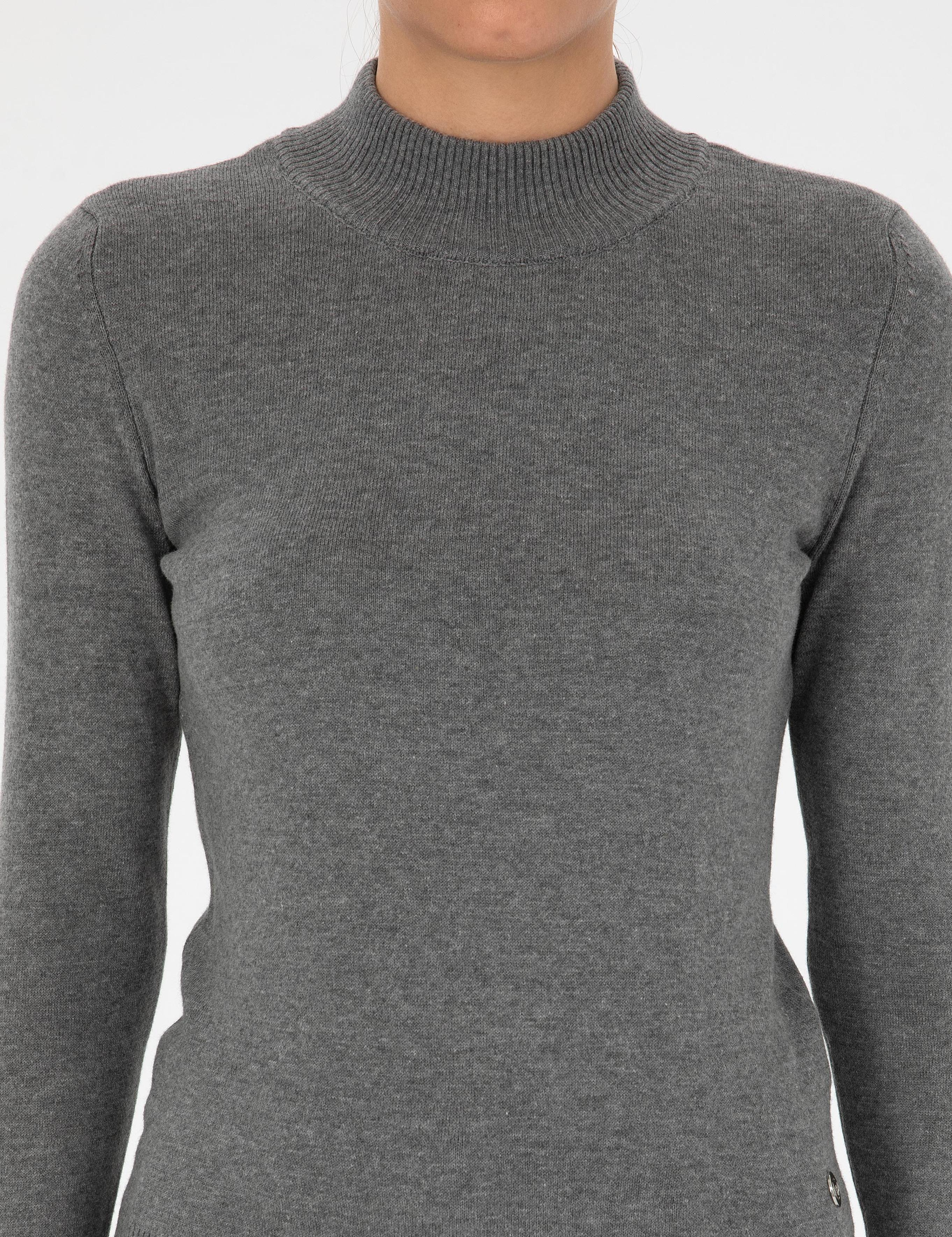 Gri Melanj Slim Fit Yarım Balıkçı Yaka Basic Kazak