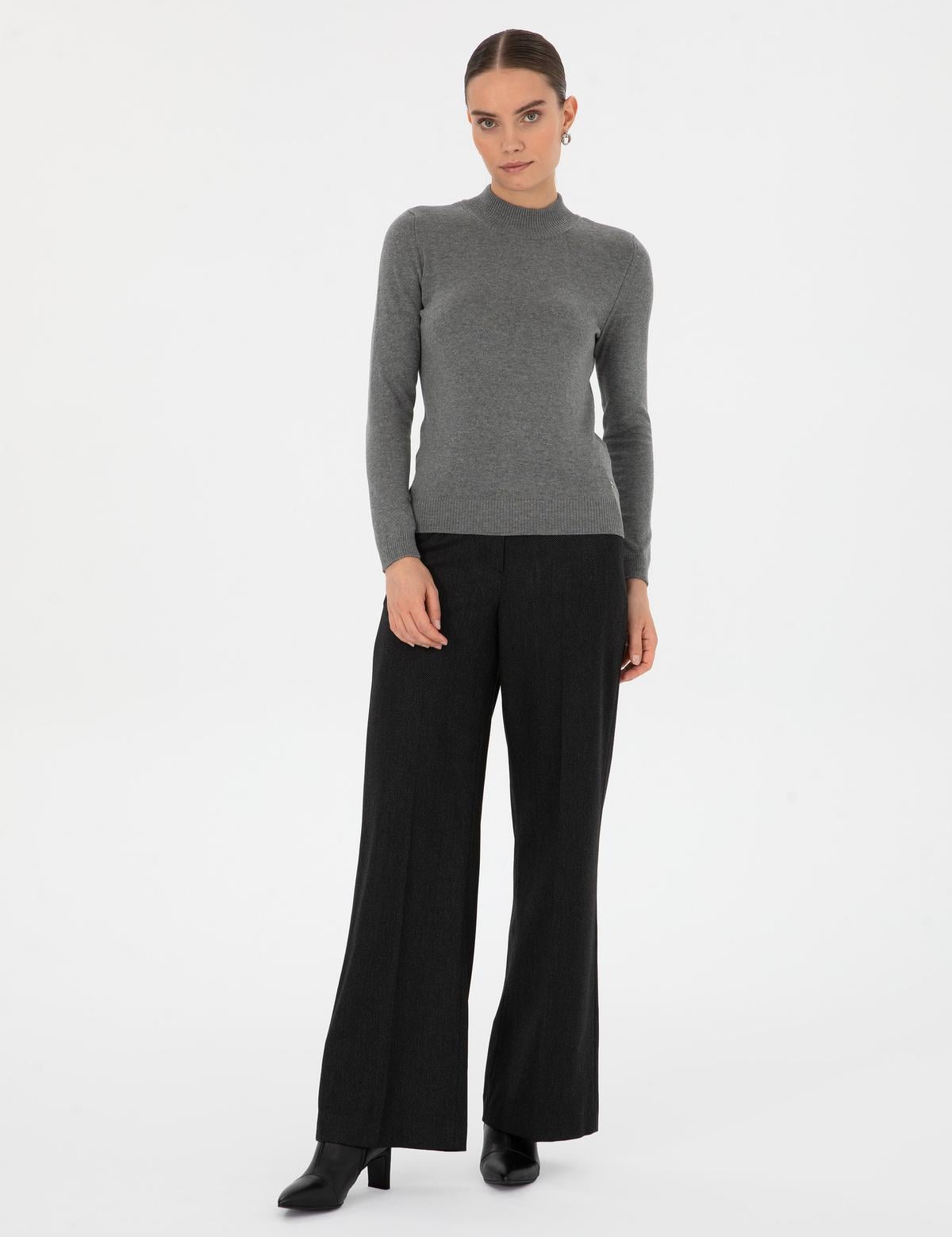 Gri Melanj Slim Fit Yarım Balıkçı Yaka Basic Kazak - 50315768078