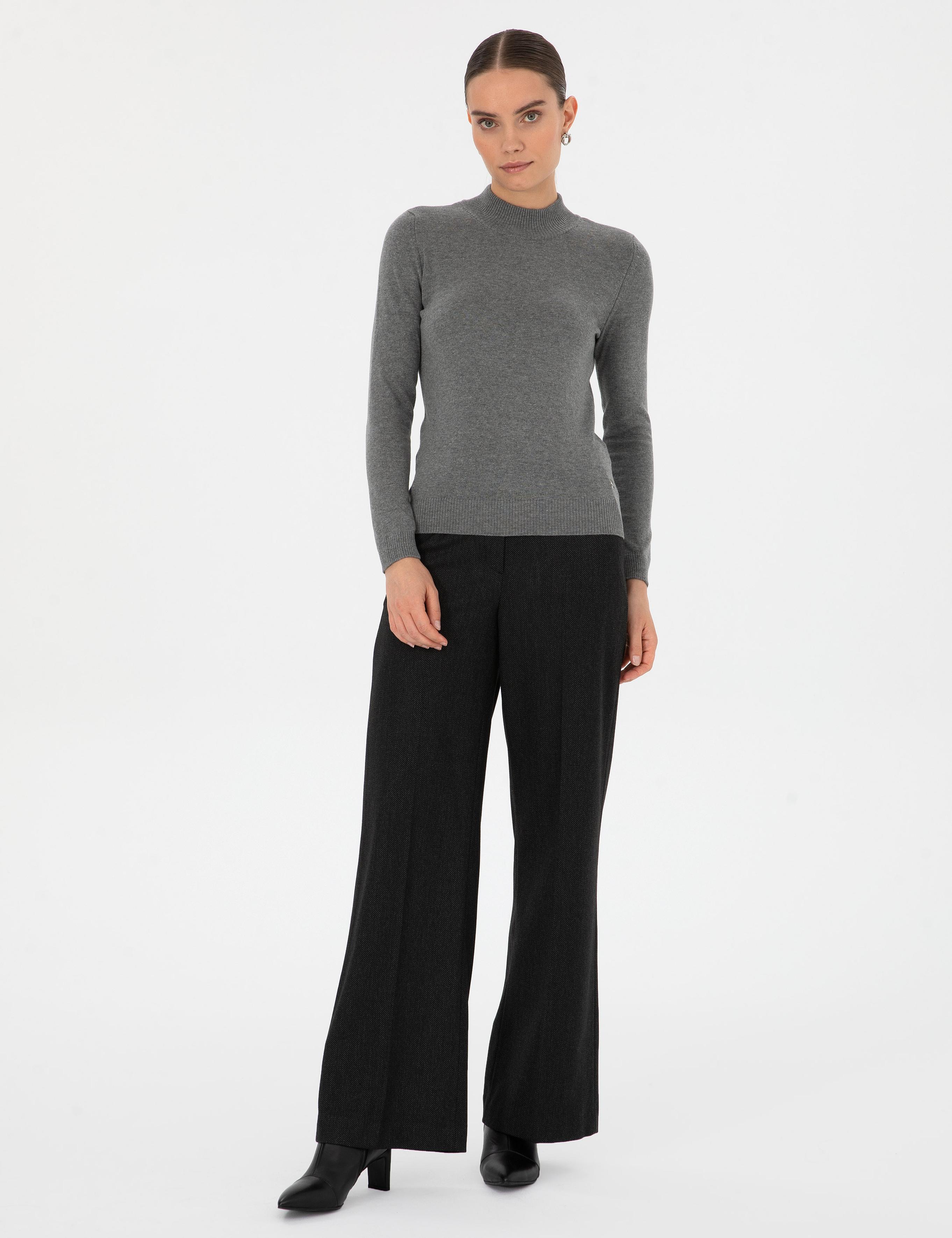 Gri Melanj Slim Fit Yarım Balıkçı Yaka Basic Kazak