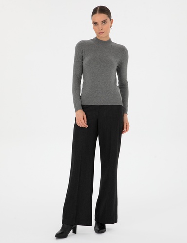 Gri Melanj Slim Fit Yarım Balıkçı Yaka Basic Kazak