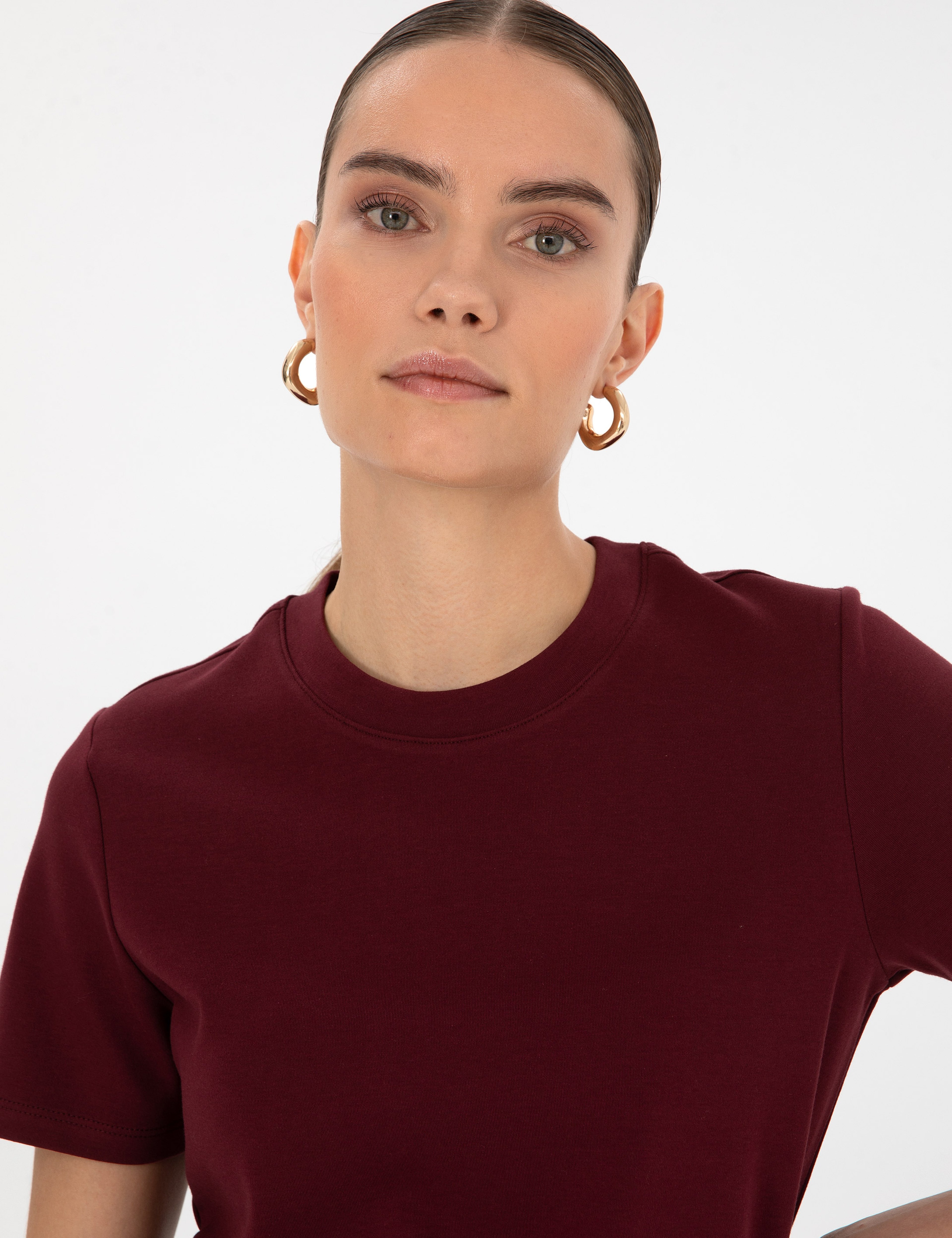 Vişne Regular Fit Bisiklet Yaka Basic Tişört - Image 2