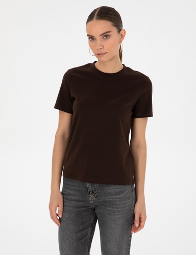 Kahverengi Regular Fit Bisiklet Yaka Basic Tişört