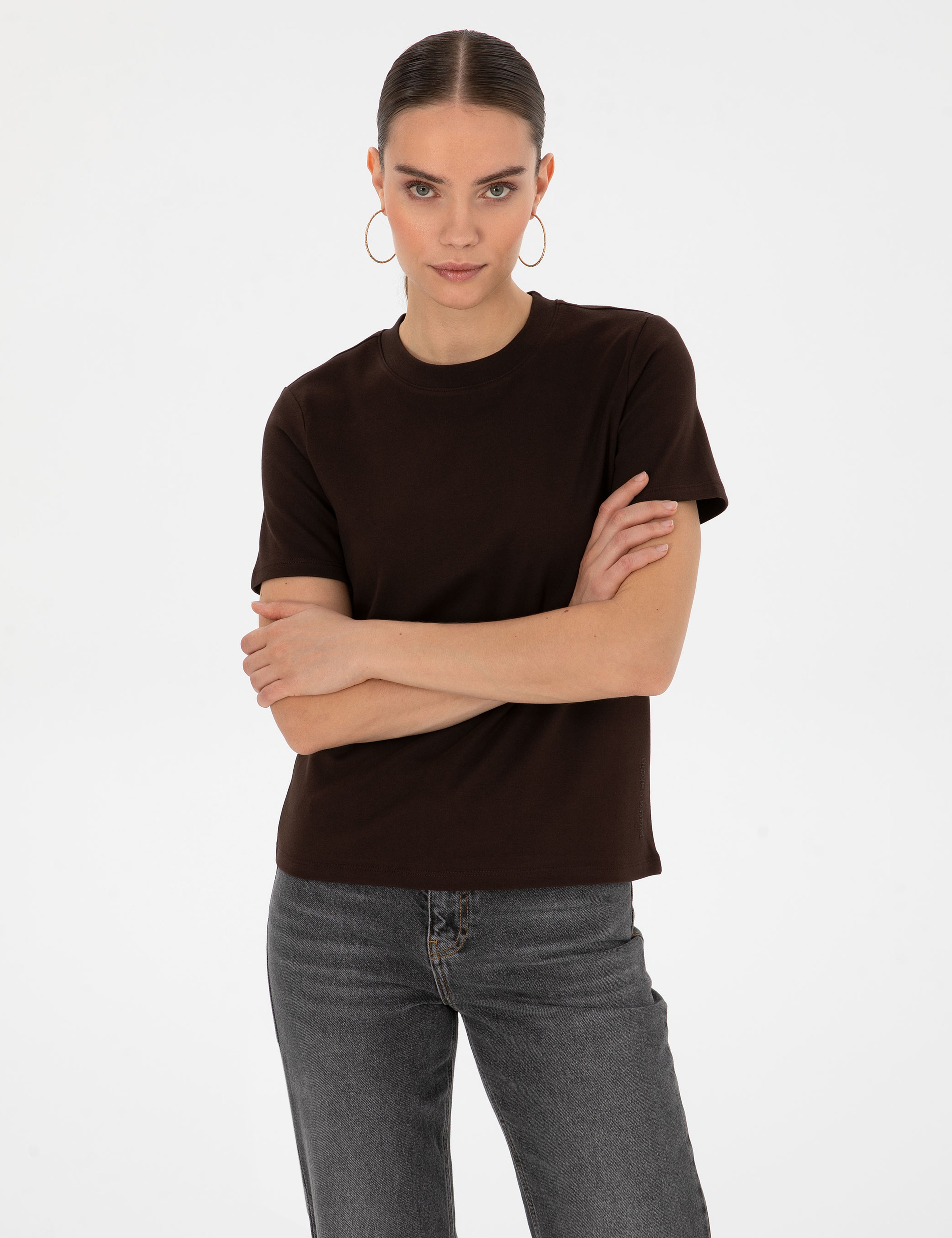 Kahverengi Regular Fit Bisiklet Yaka Basic Tişört - Image 3