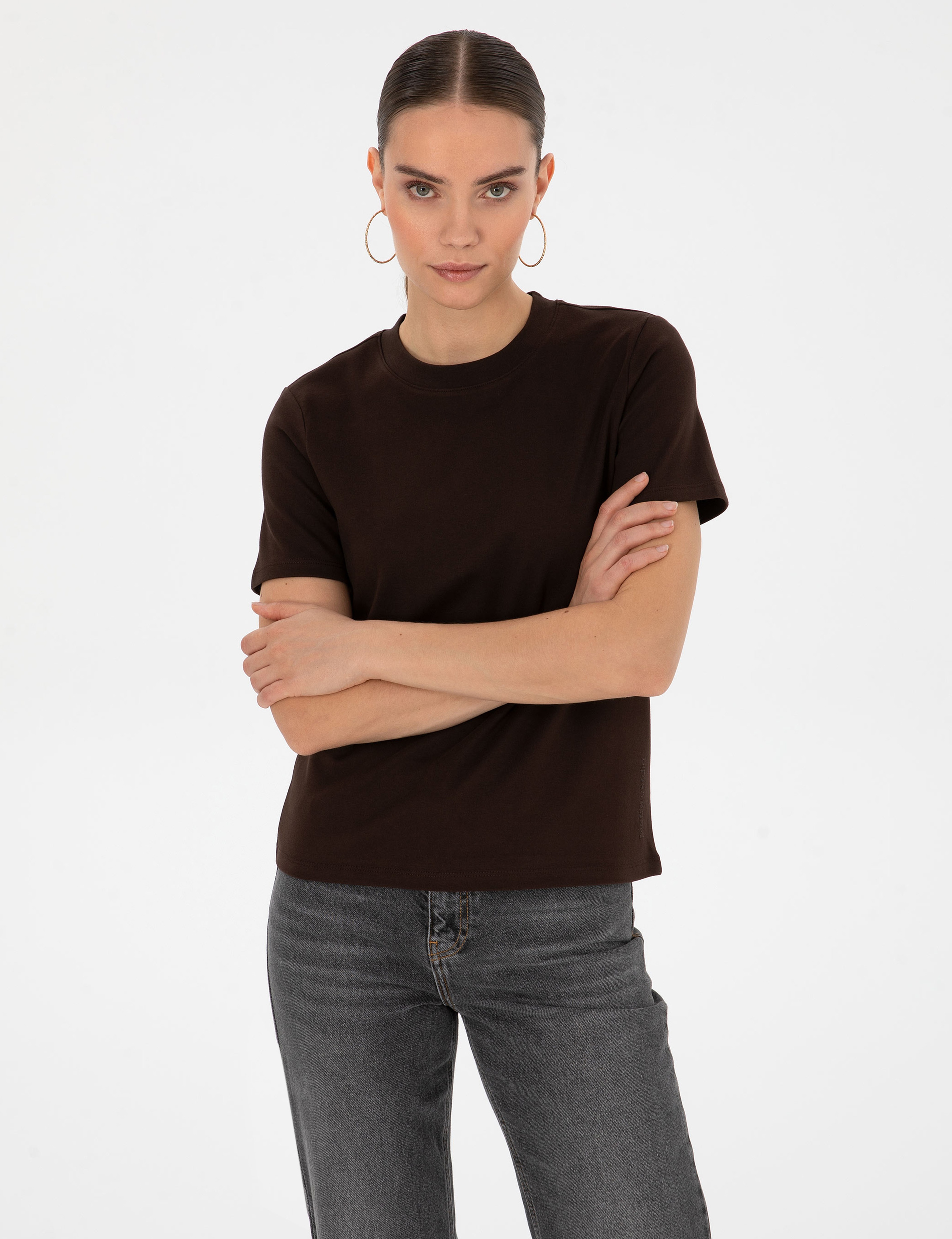 Kahverengi Regular Fit Bisiklet Yaka Basic Tişört
