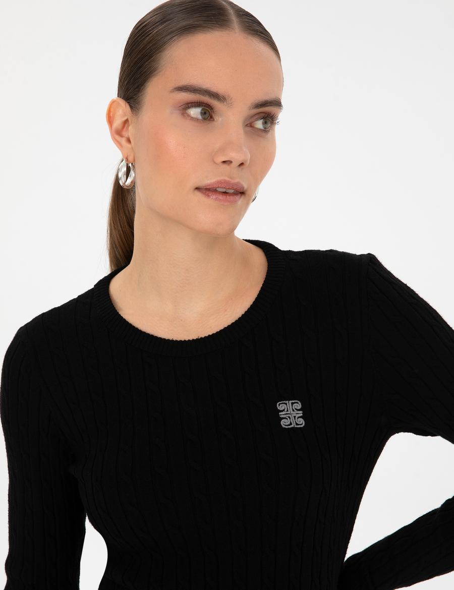 Siyah Slim Fit Bisiklet Yaka Basic Kazak