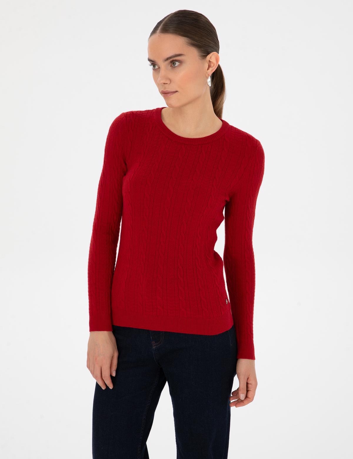 Kırmızı Ex. Slim Fit Örgü Desenli Kazak