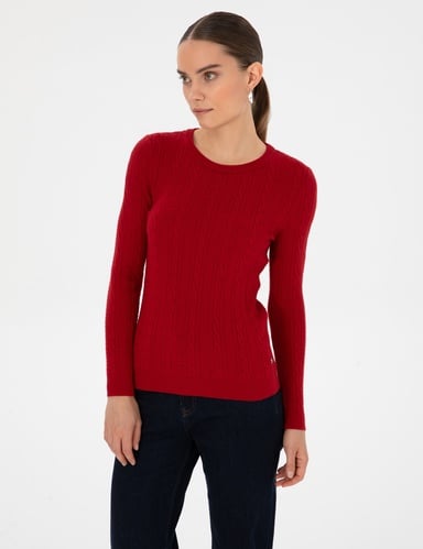Kırmızı Extra Slim Fit Örgü Desenli Kazak