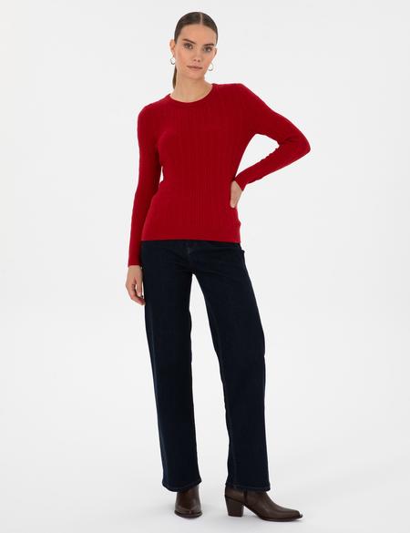 Kırmızı Ex. Slim Fit Örgü Desenli Kazak - 50316334006