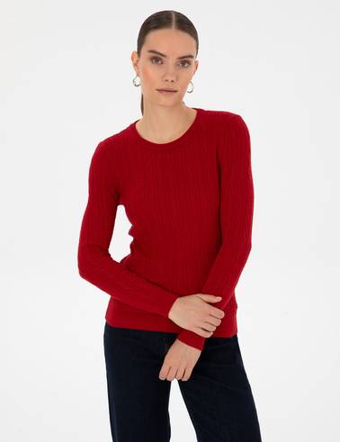 Kırmızı Ex. Slim Fit Örgü Desenli Kazak