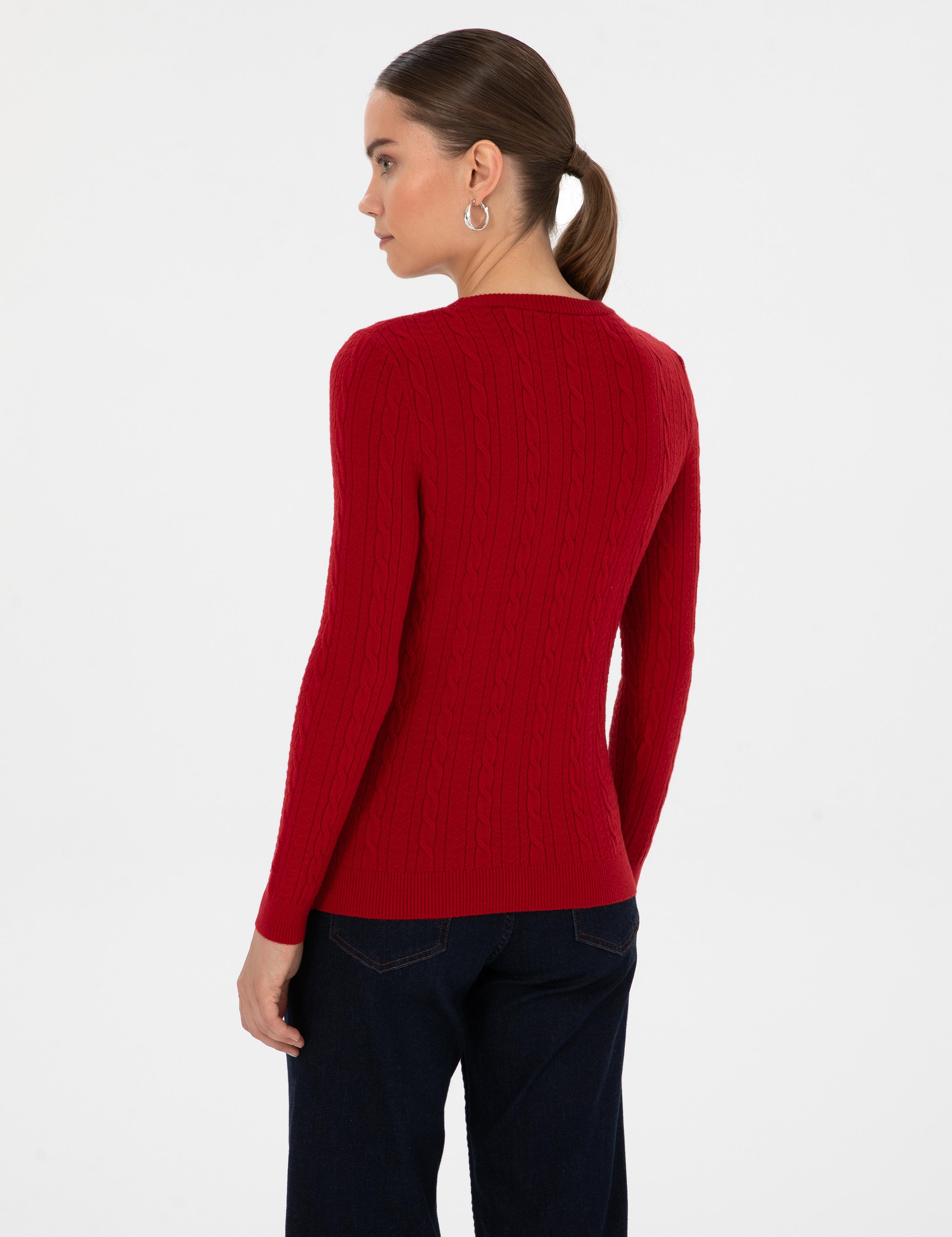 Kırmızı Ex. Slim Fit Örgü Desenli Kazak