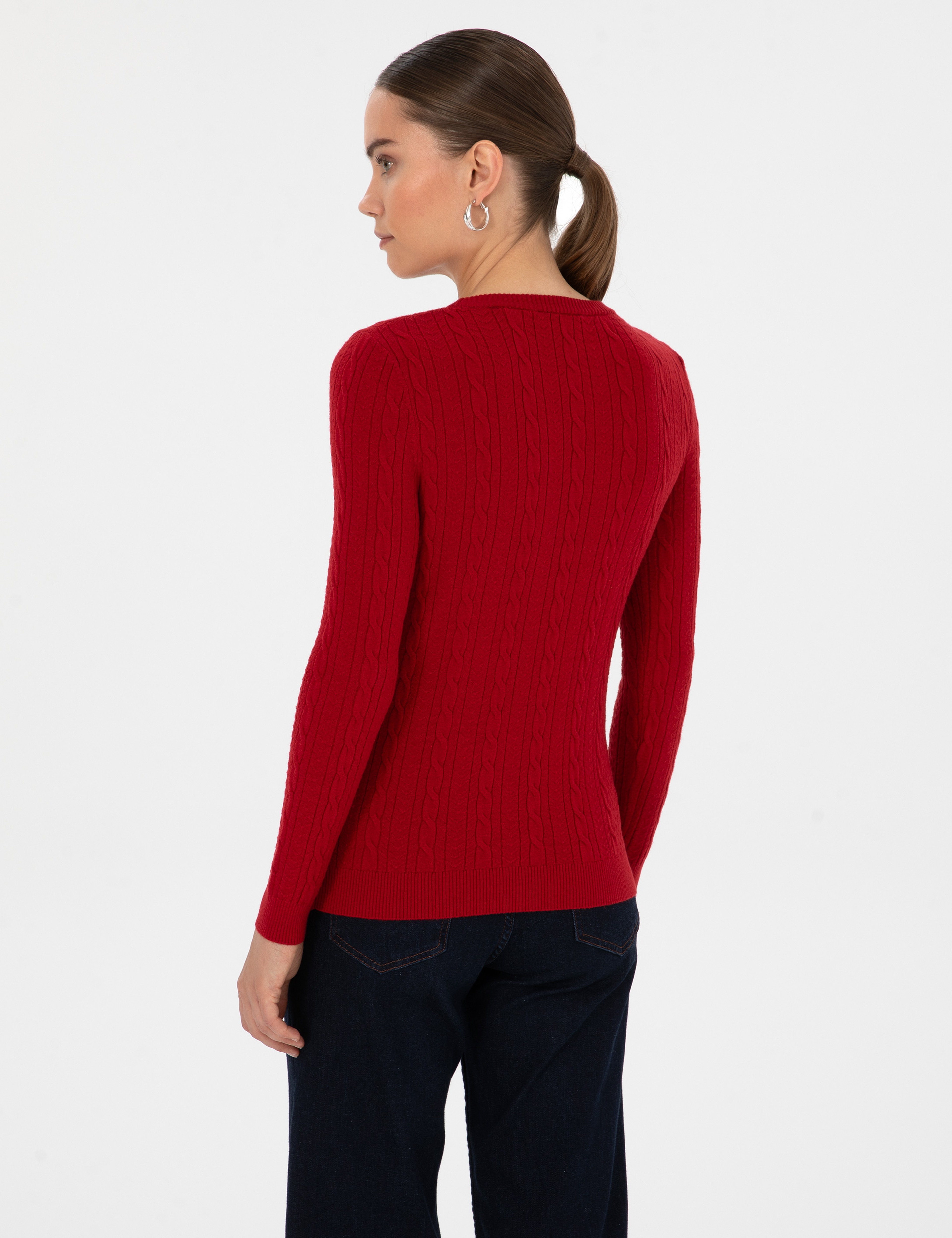 Kırmızı Extra Slim Fit Örgü Desenli Kazak