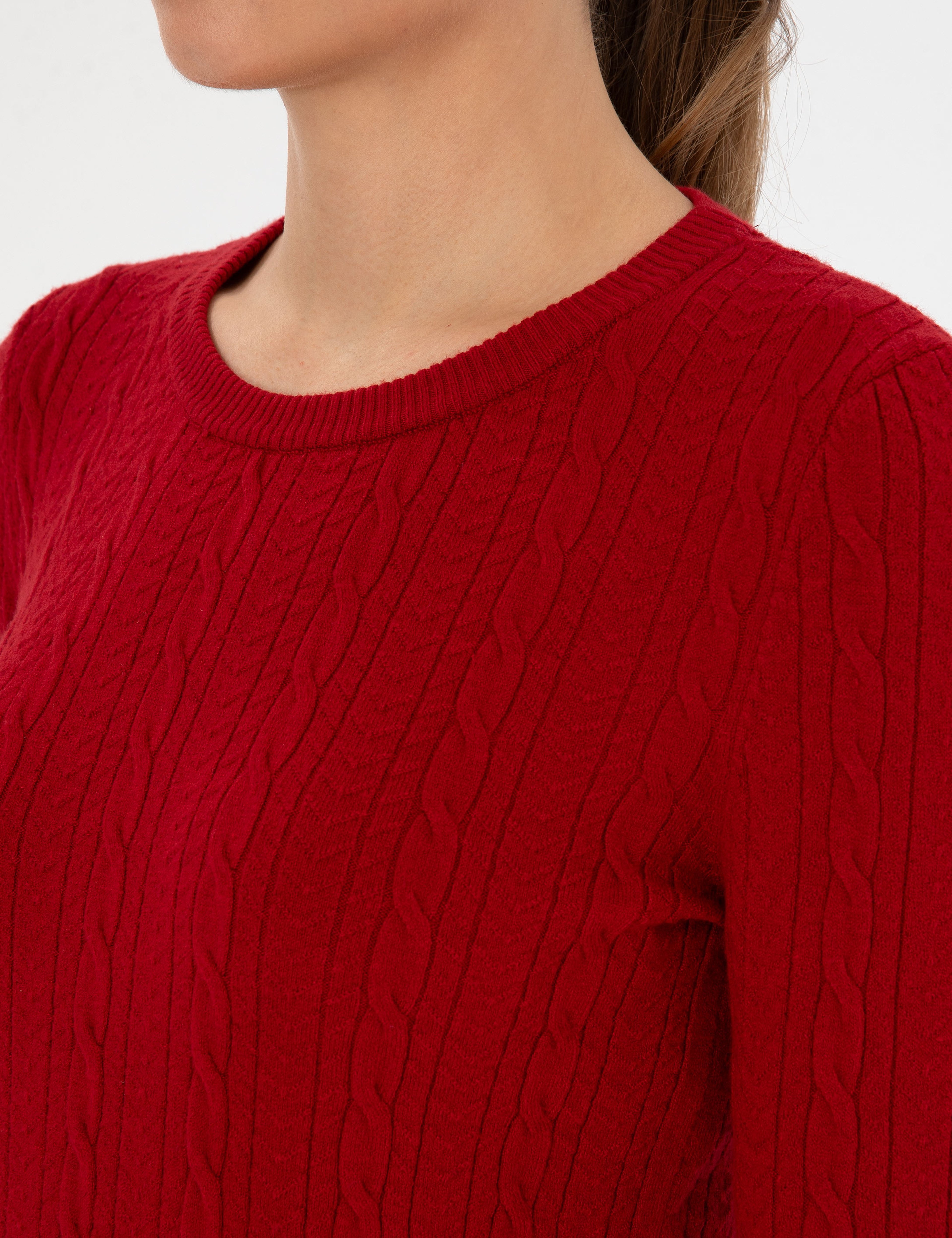 Kırmızı Extra Slim Fit Örgü Desenli Kazak - Image 7