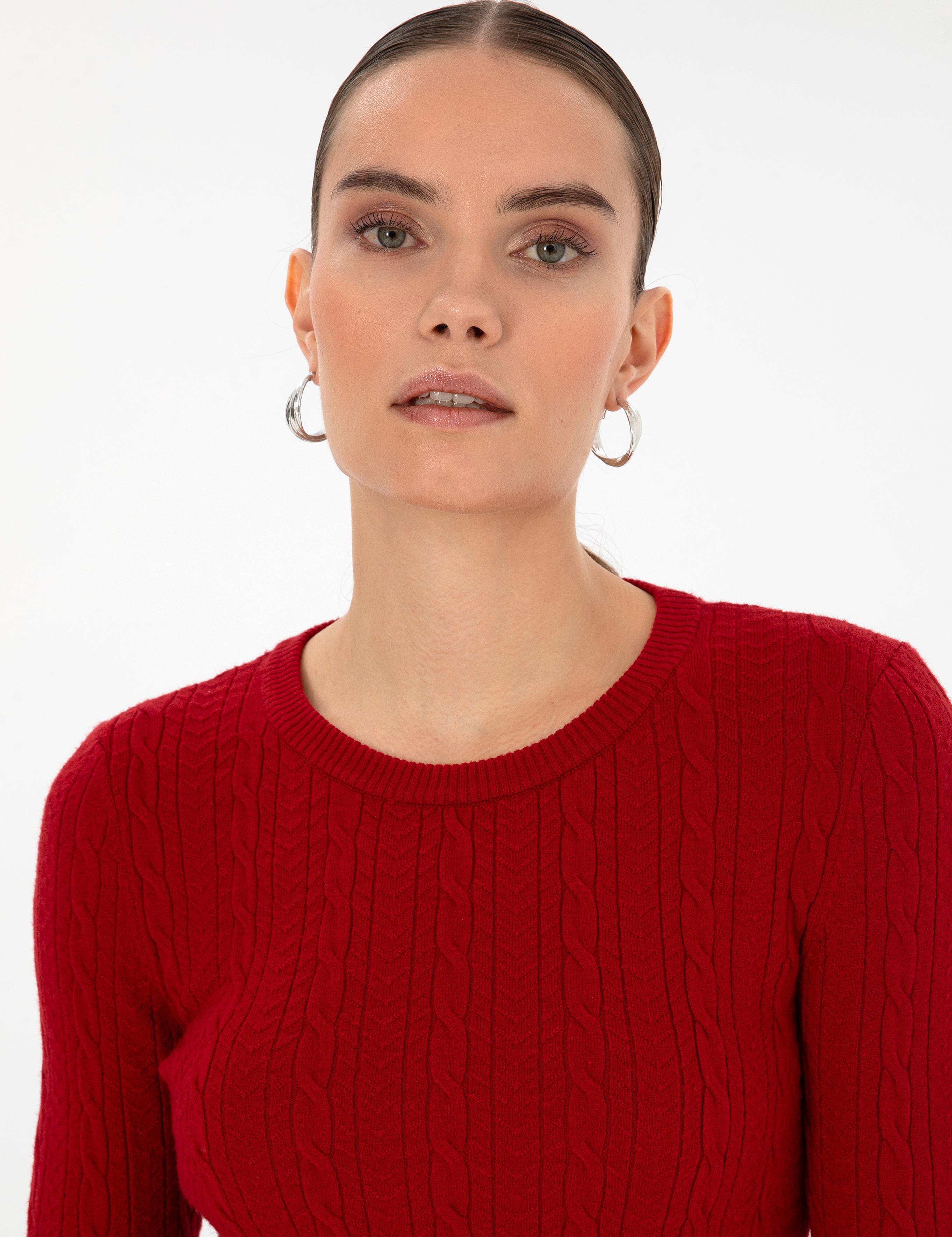 Kırmızı Ex. Slim Fit Örgü Desenli Kazak