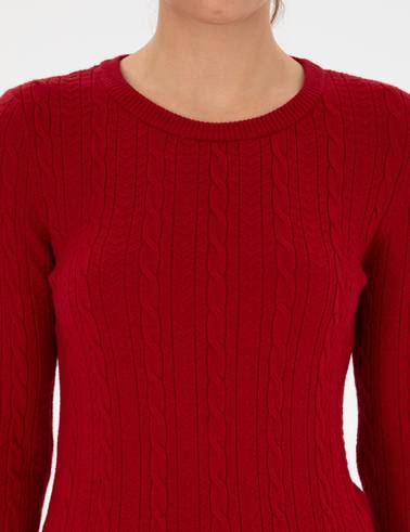 Kırmızı Ex. Slim Fit Örgü Desenli Kazak