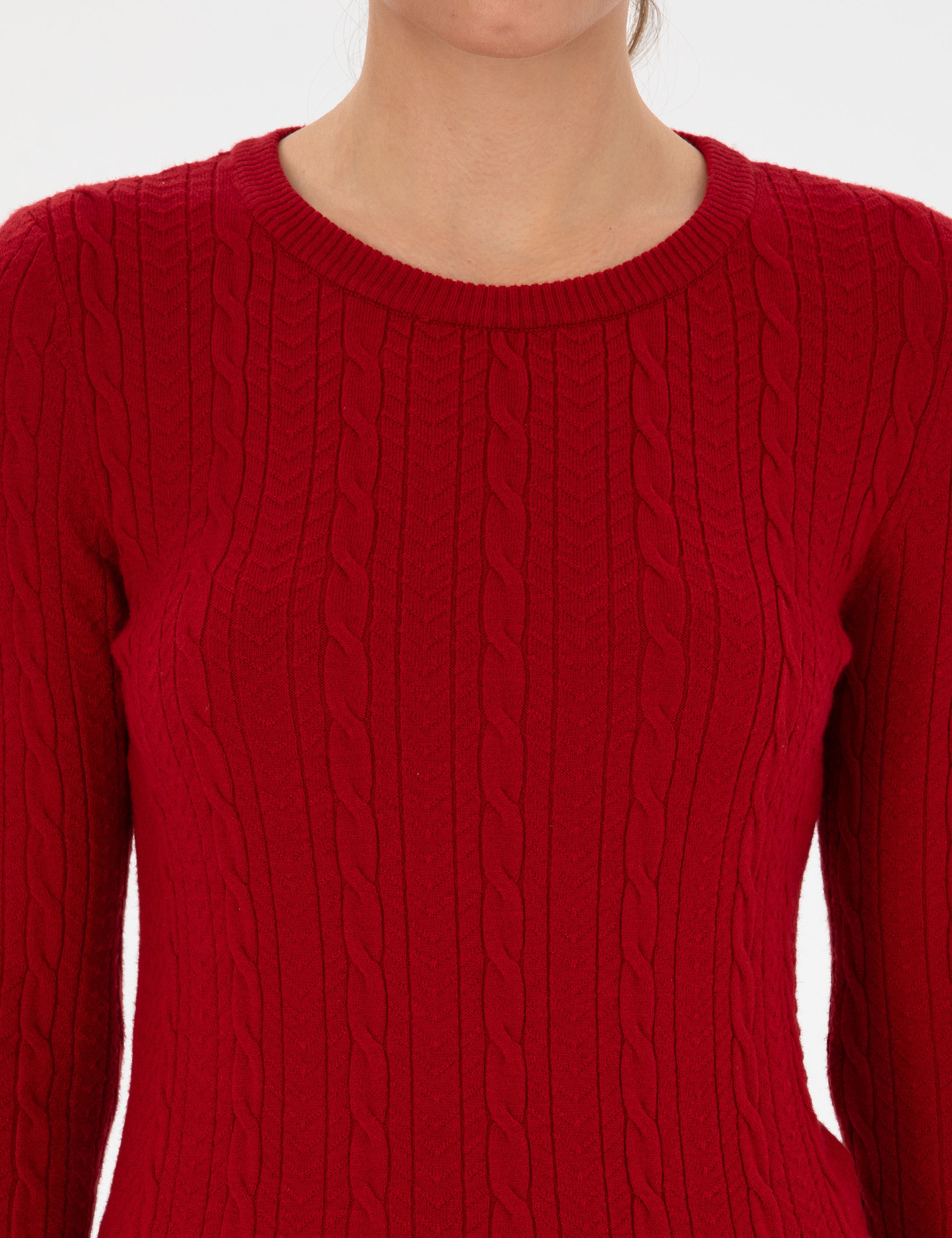 Kırmızı Extra Slim Fit Örgü Desenli Kazak - Image 6