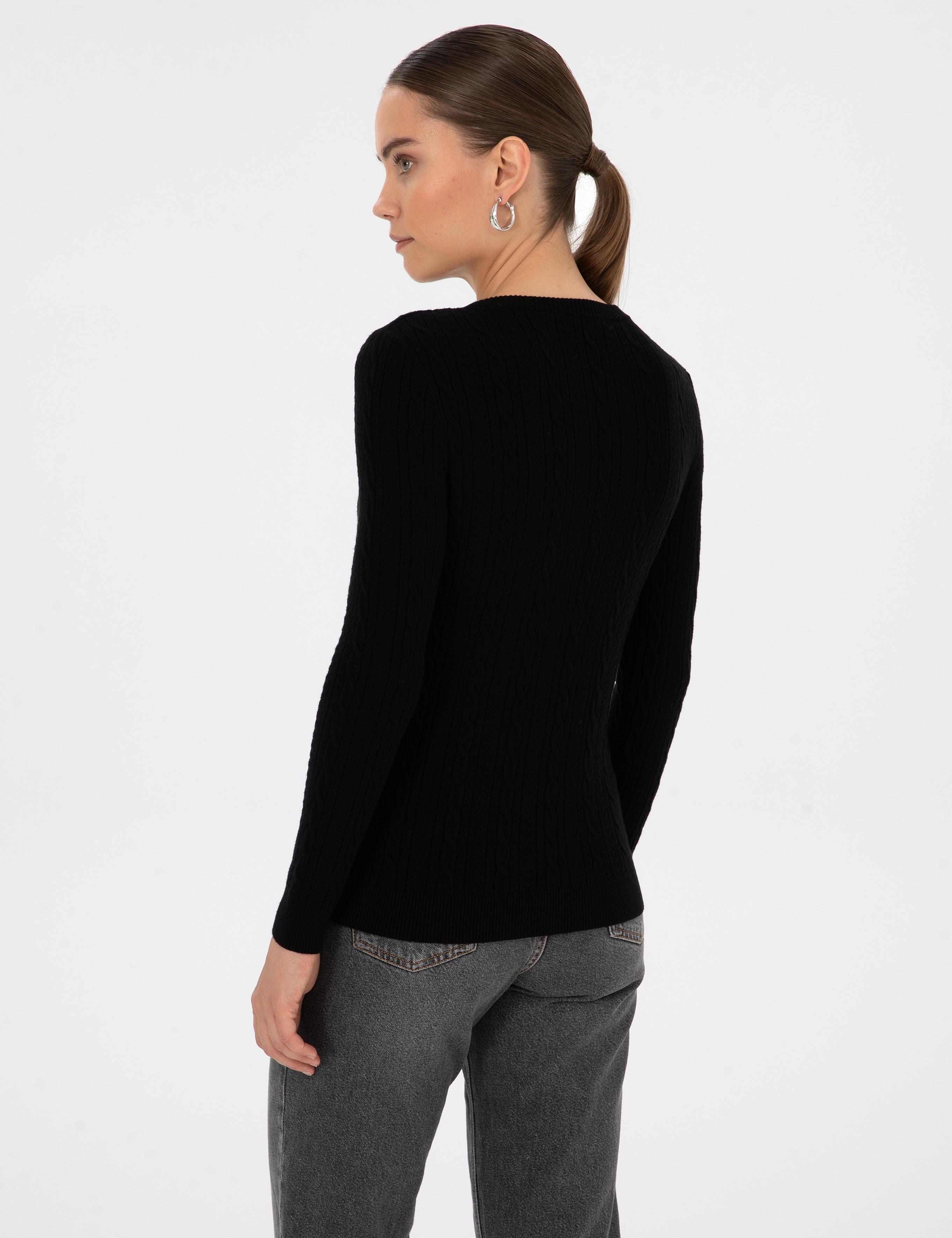 Siyah Ex. Slim Fit Örgü Desenli Kazak