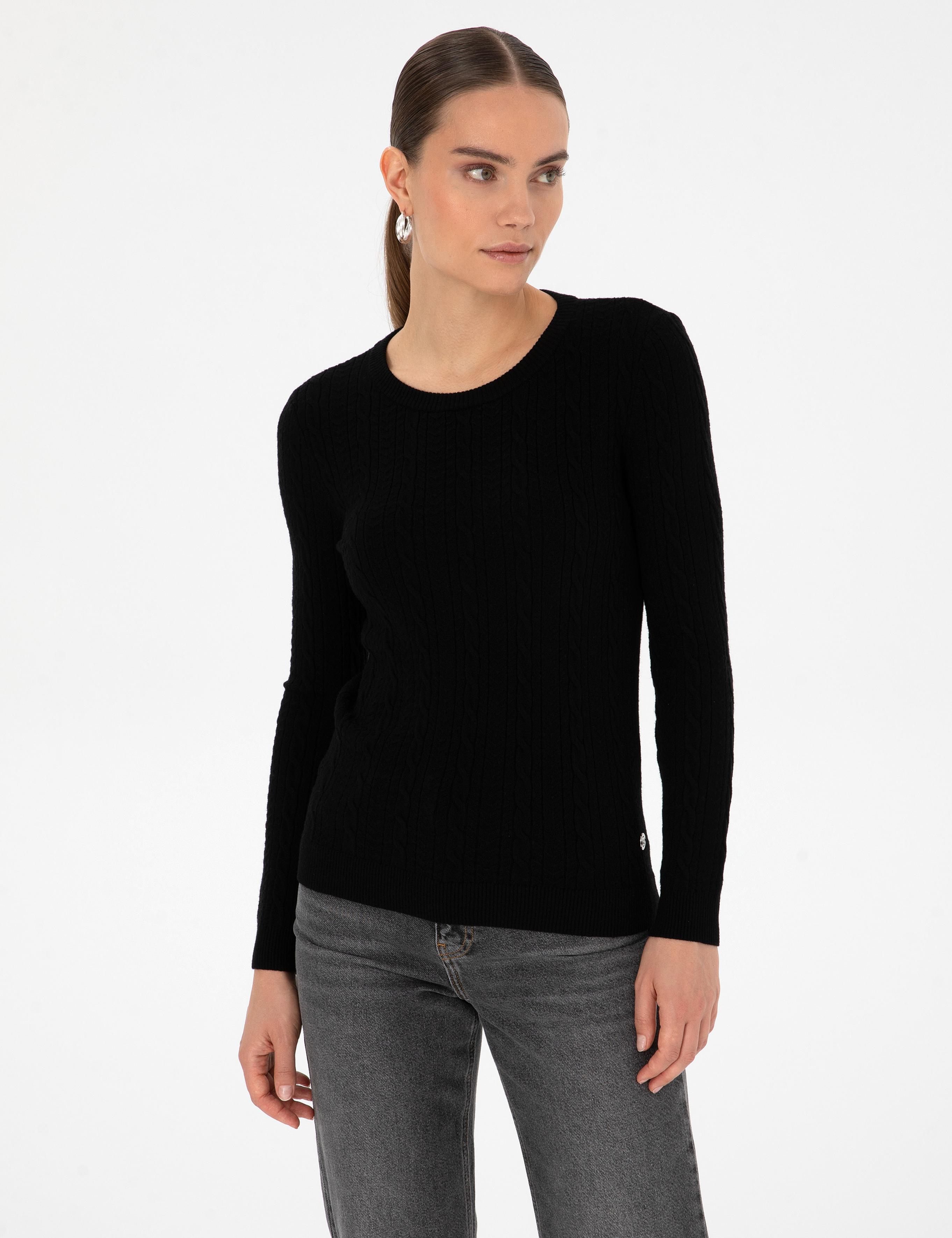 Siyah Ex. Slim Fit Örgü Desenli Kazak