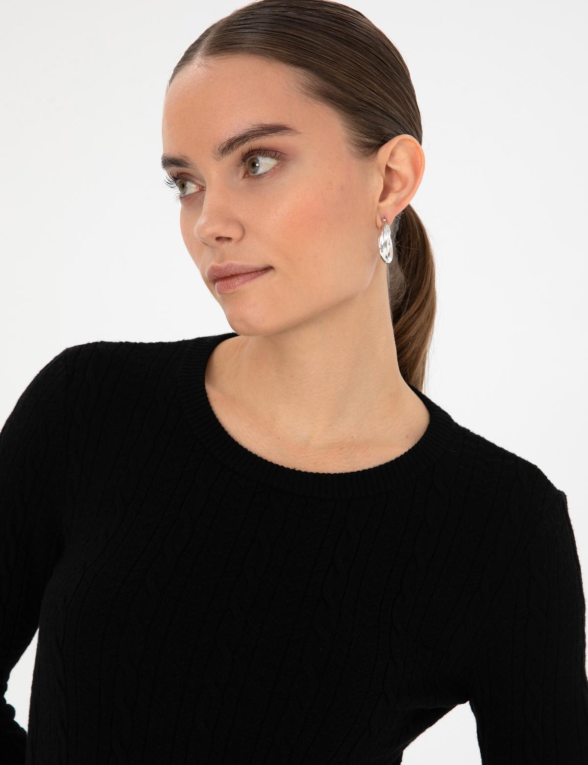 Siyah Ex. Slim Fit Örgü Desenli Kazak - 50316334035