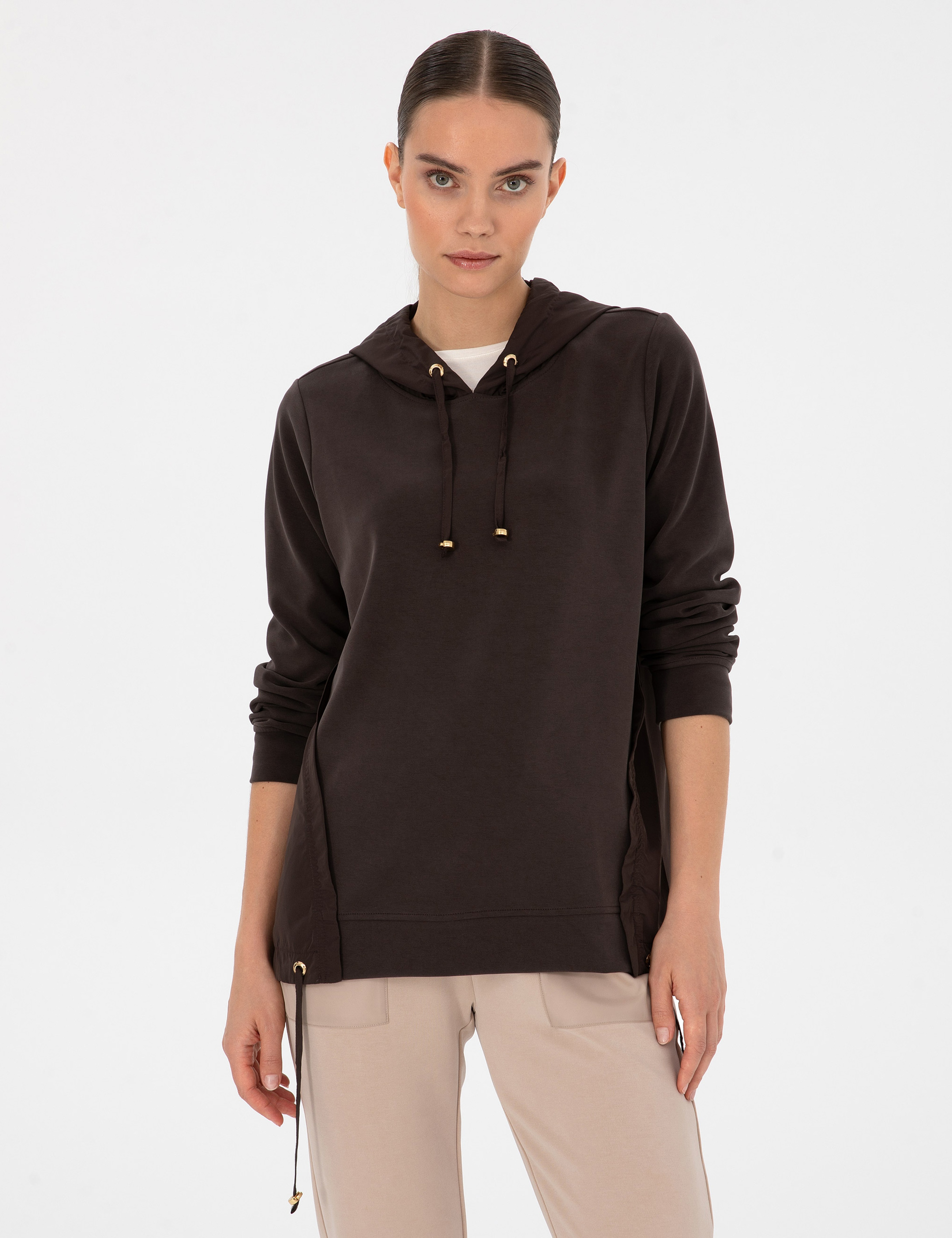Kahverengi Oversize Modal Karışımlı Kapüşonlu Sweatshirt