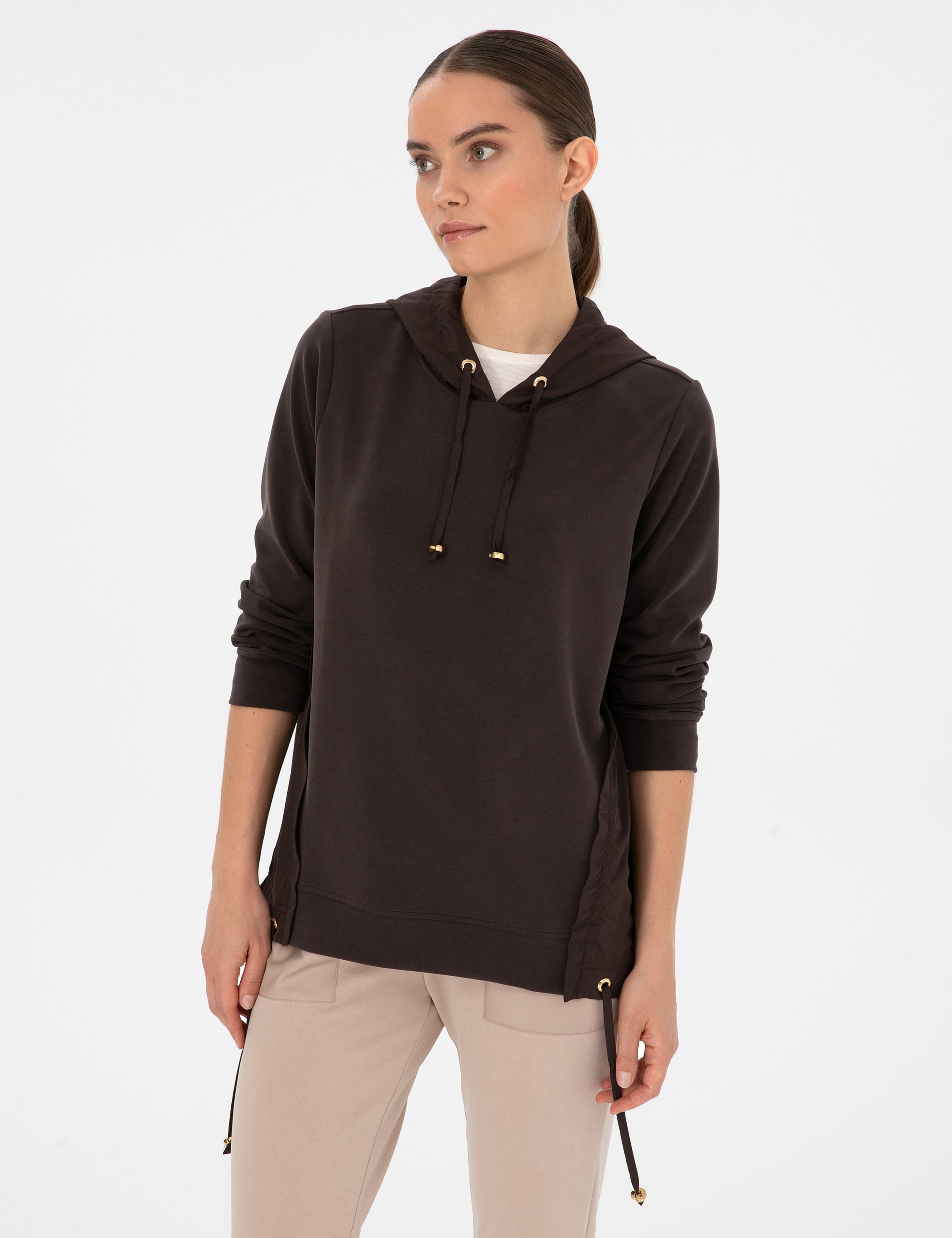 Kahverengi Oversize Modal Karışımlı Kapüşonlu Sweatshirt - Image 1