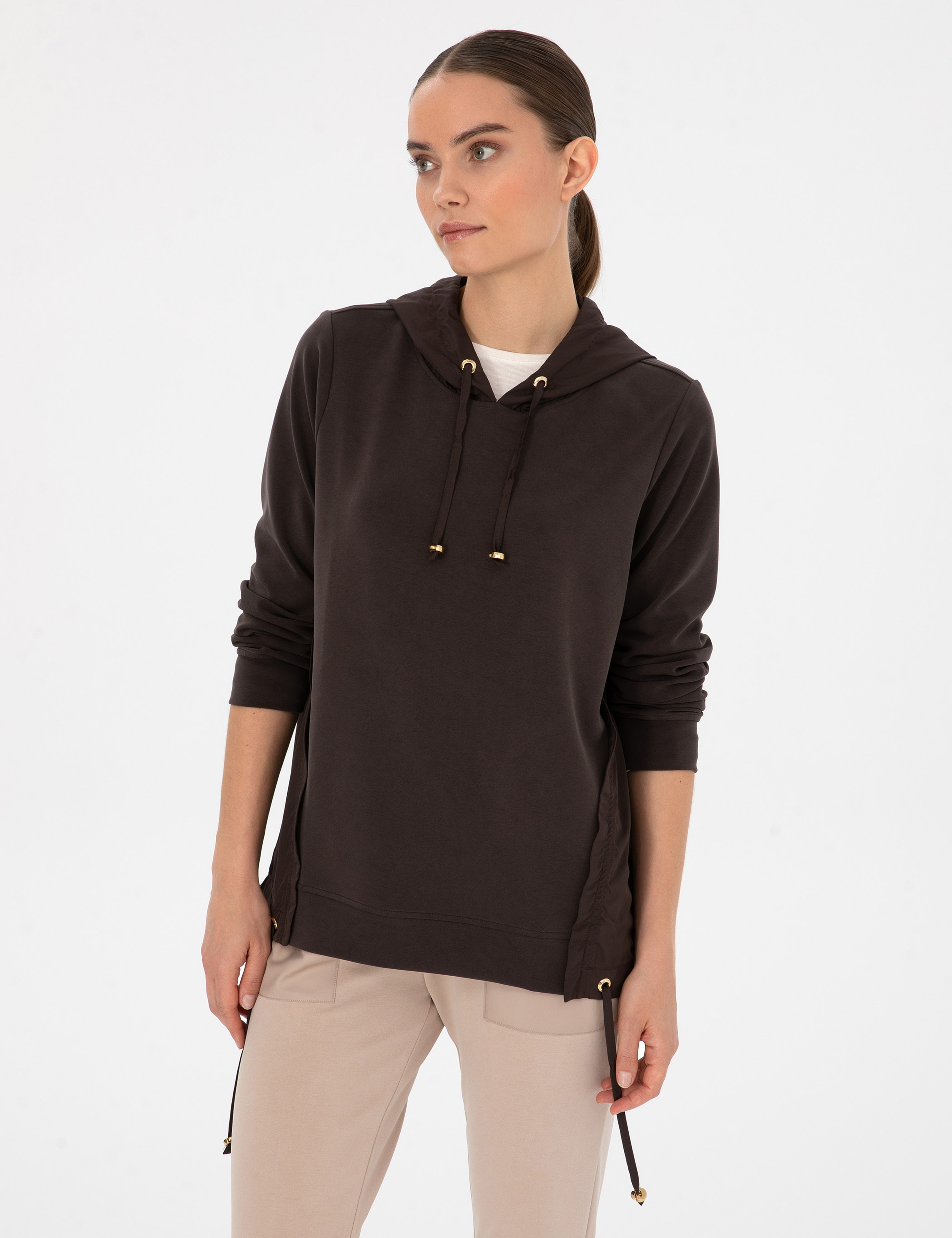 Kahverengi Oversize Modal Karışımlı Kapüşonlu Sweatshirt