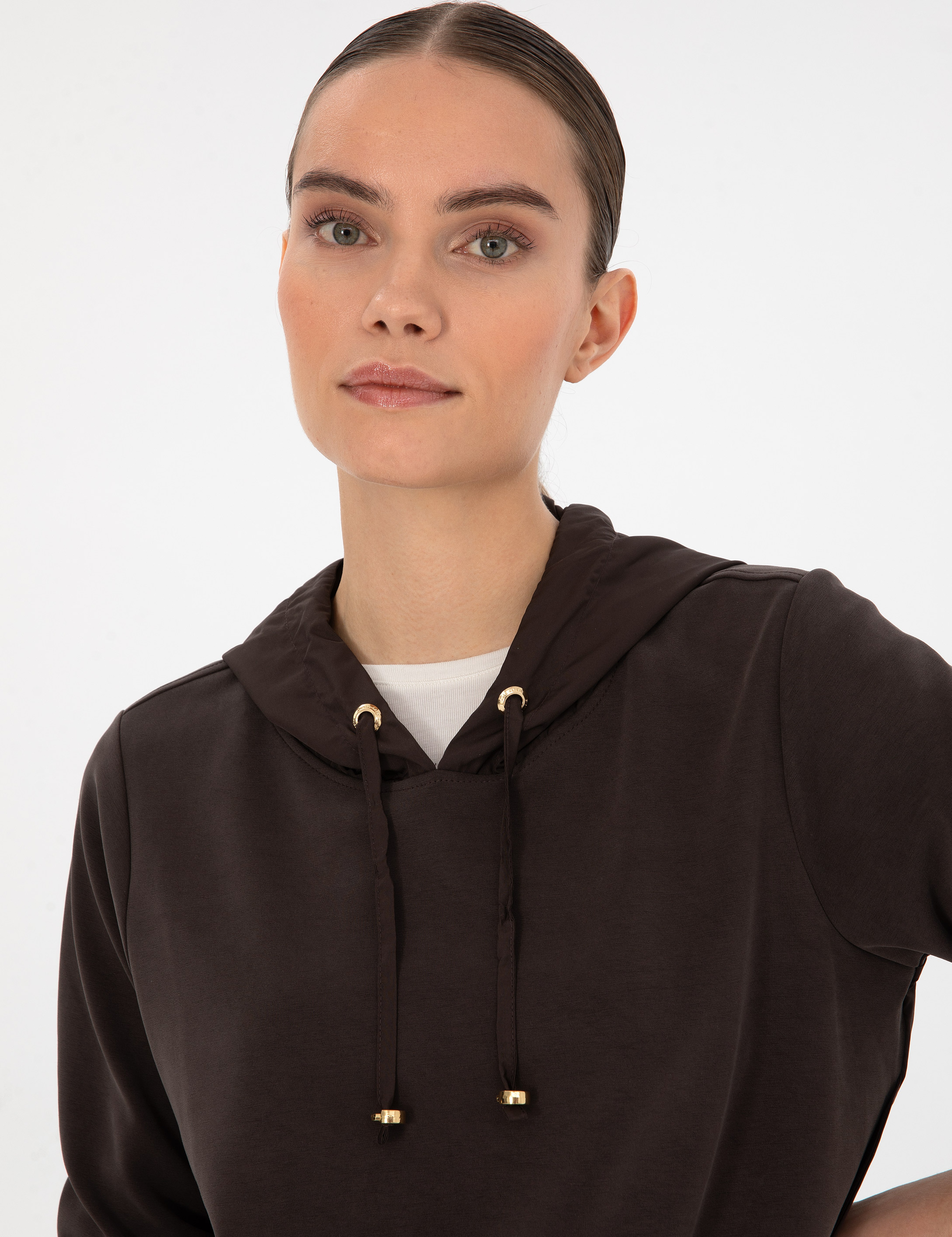 Kahverengi Oversize Modal Karışımlı Kapüşonlu Sweatshirt - Image 2