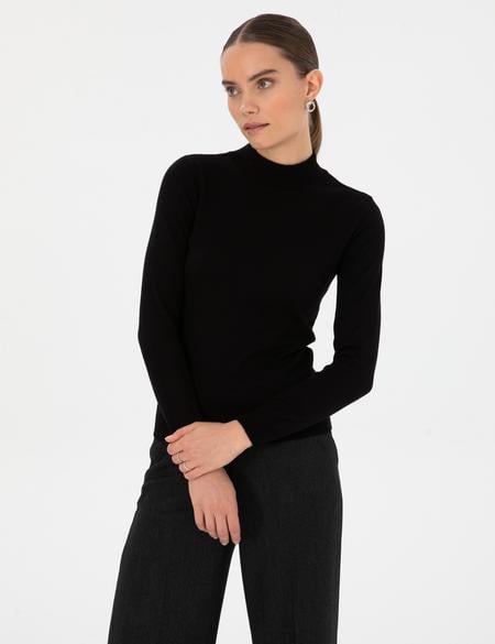 Siyah Slim Fit Yarım Balıkçı Yaka Basic Kazak - 50315768039