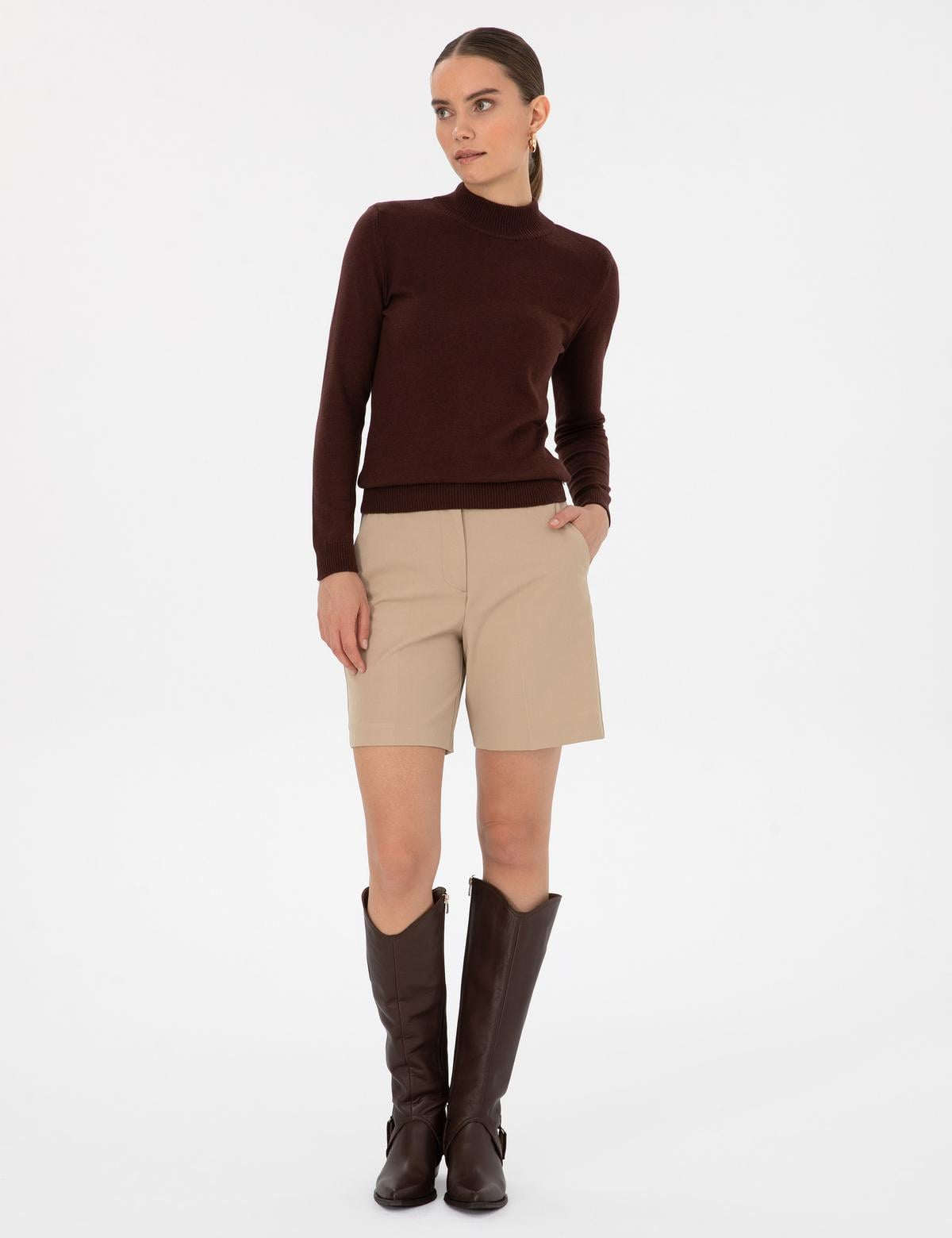 Kahverengi Slim Fit Yarım Balıkçı Yaka Basic Kazak