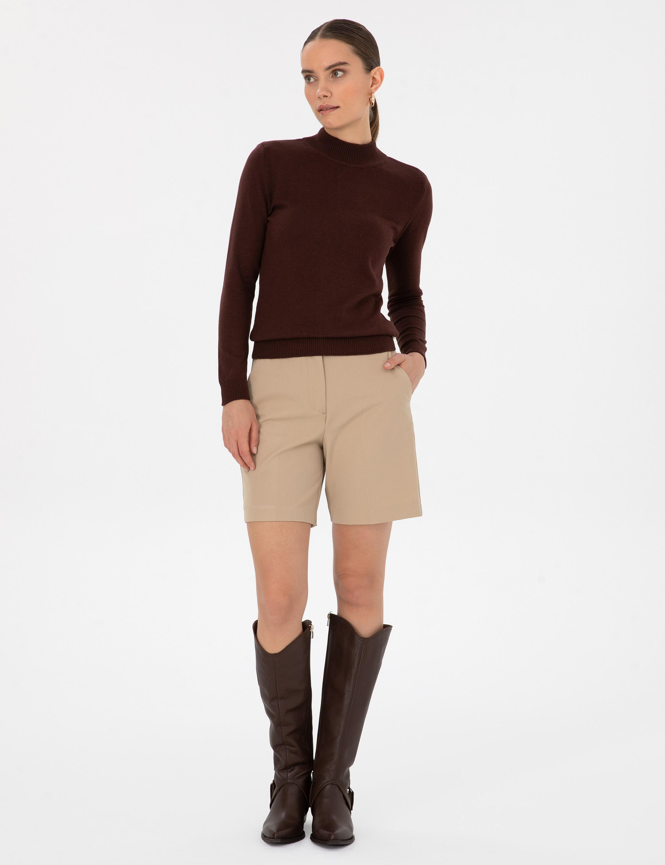 Kahverengi Slim Fit Yarım Balıkçı Yaka Basic Kazak