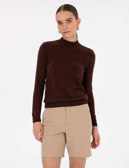 Kahverengi Slim Fit Yarım Balıkçı Yaka Basic Kazak - 50315768059