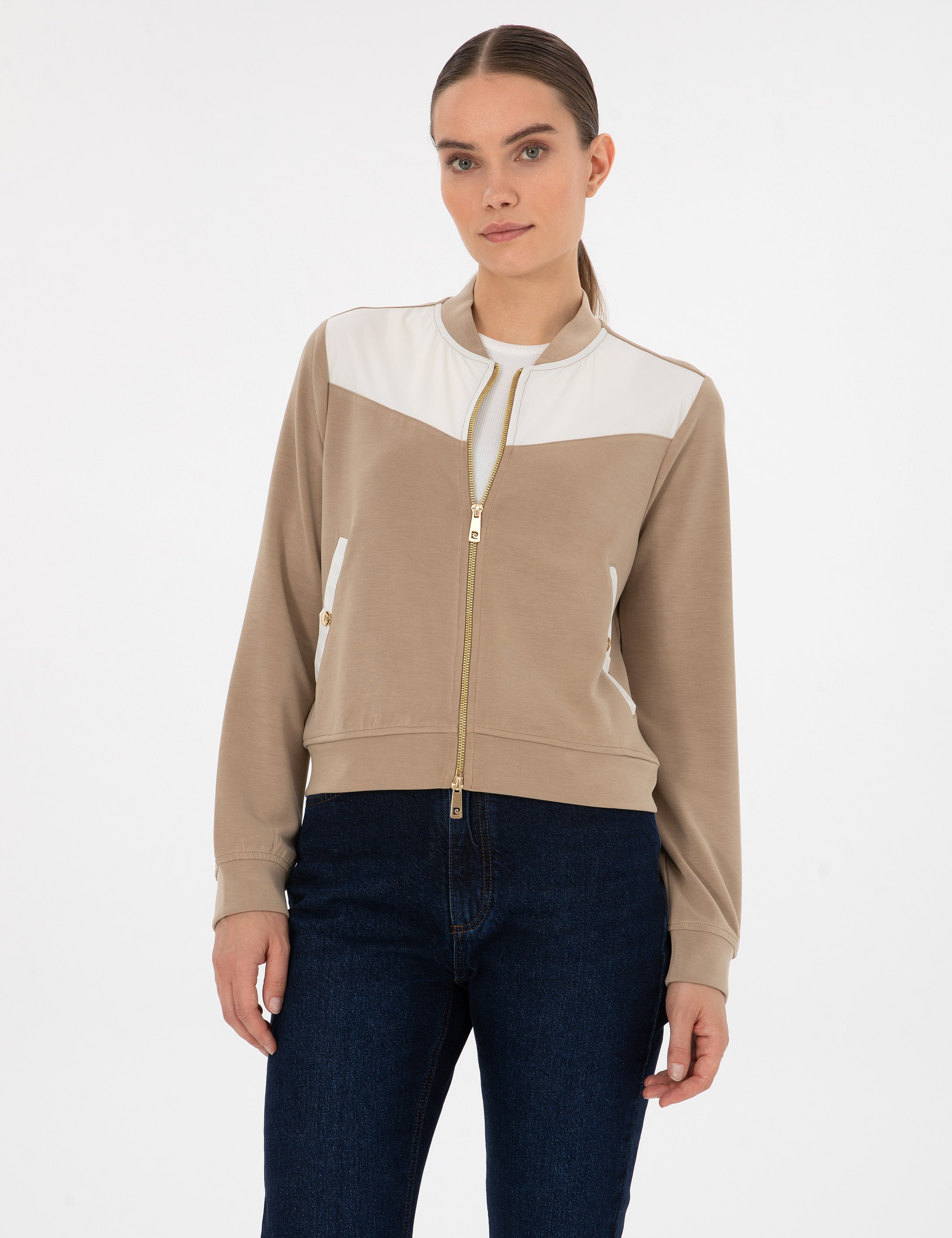 Bej Oversize Modal Karışımlı Fermuarlı Sweatshirt