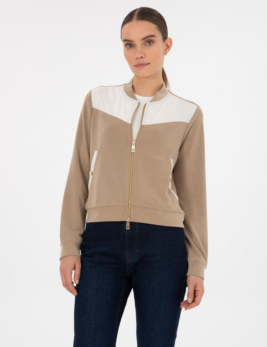 Bej Oversize Modal Karışımlı Fermuarlı Sweatshirt