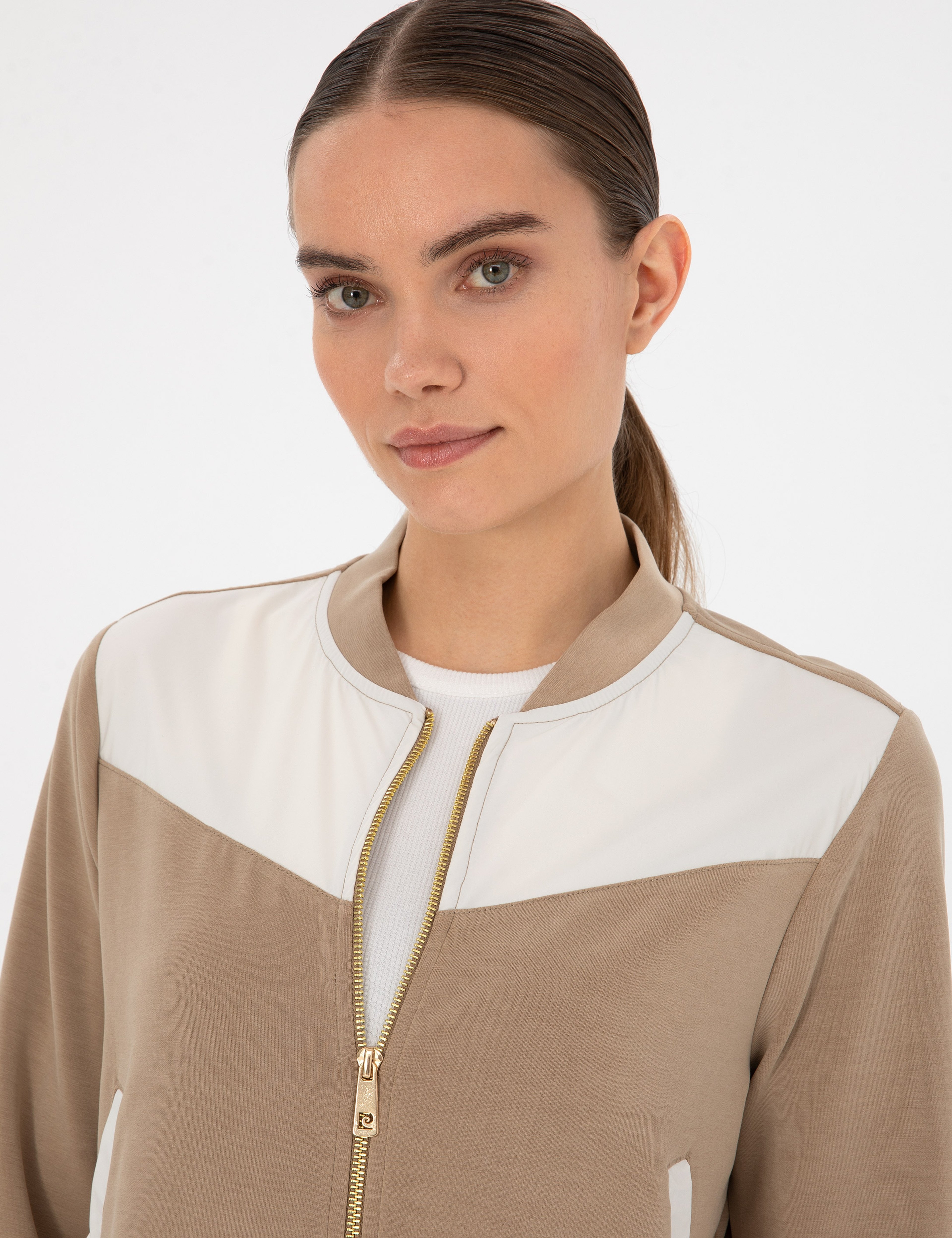 Bej Oversize Modal Karışımlı Fermuarlı Sweatshirt - Image 2