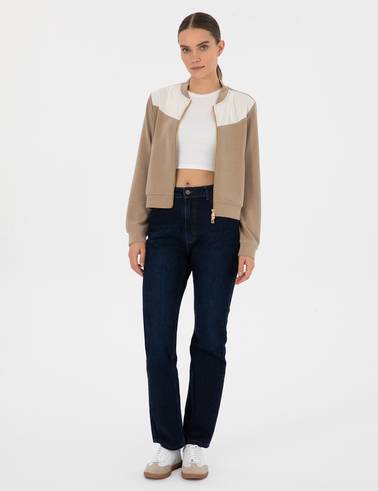 Bej Oversize Modal Karışımlı Fermuarlı Sweatshirt