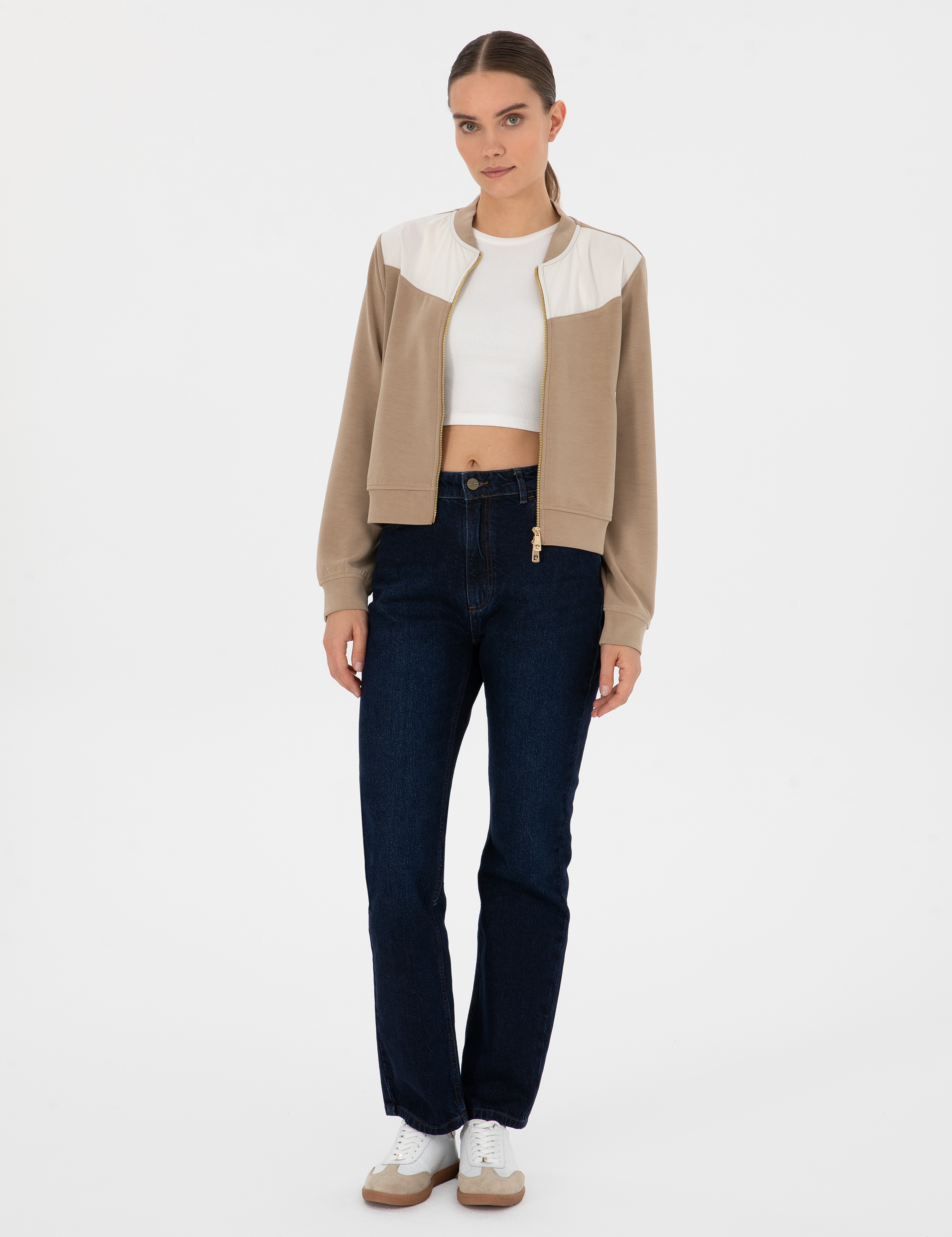 Bej Oversize Modal Karışımlı Fermuarlı Sweatshirt - Image 4