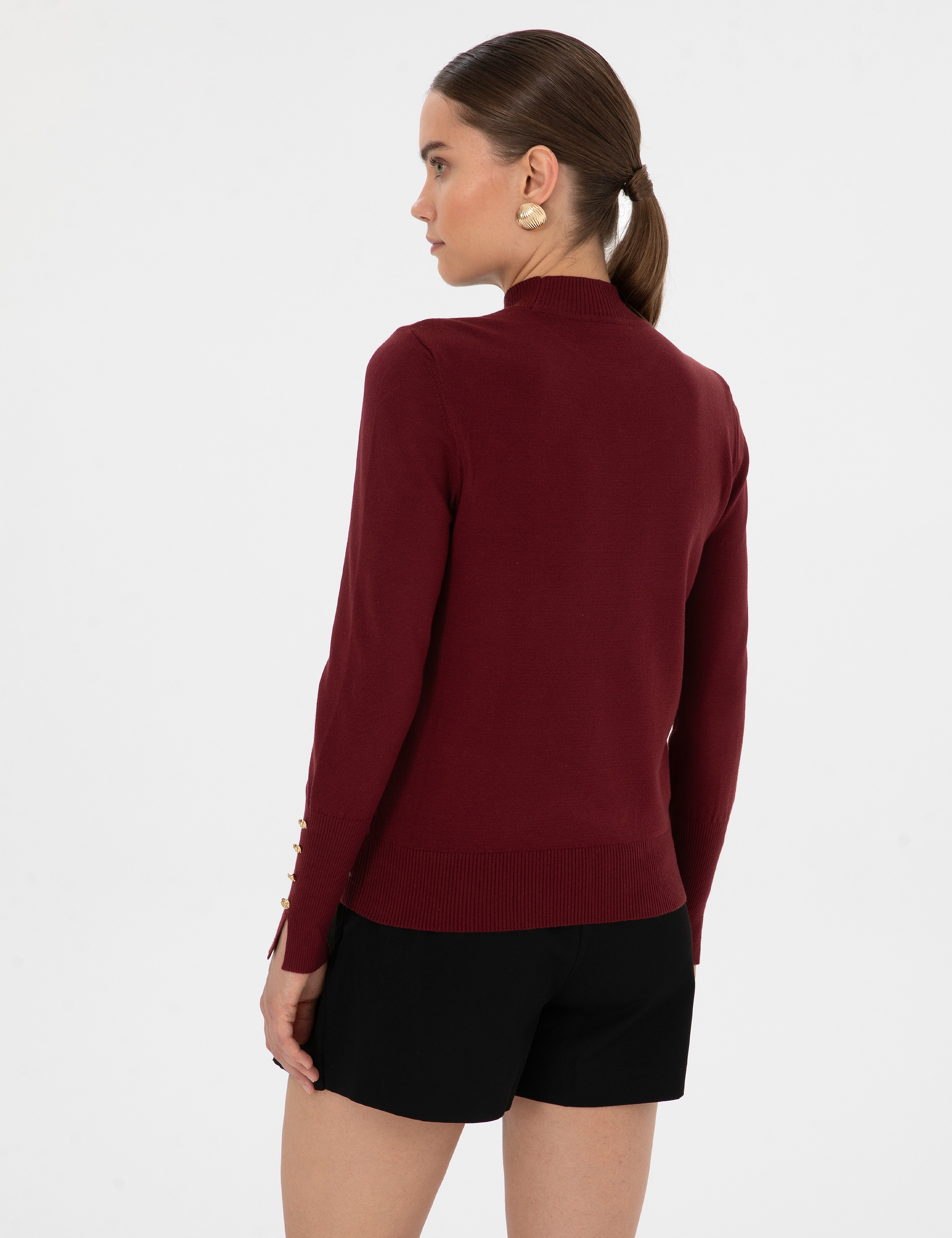 Vişne Slim Fit Yarım Balıkçı Basic Kazak