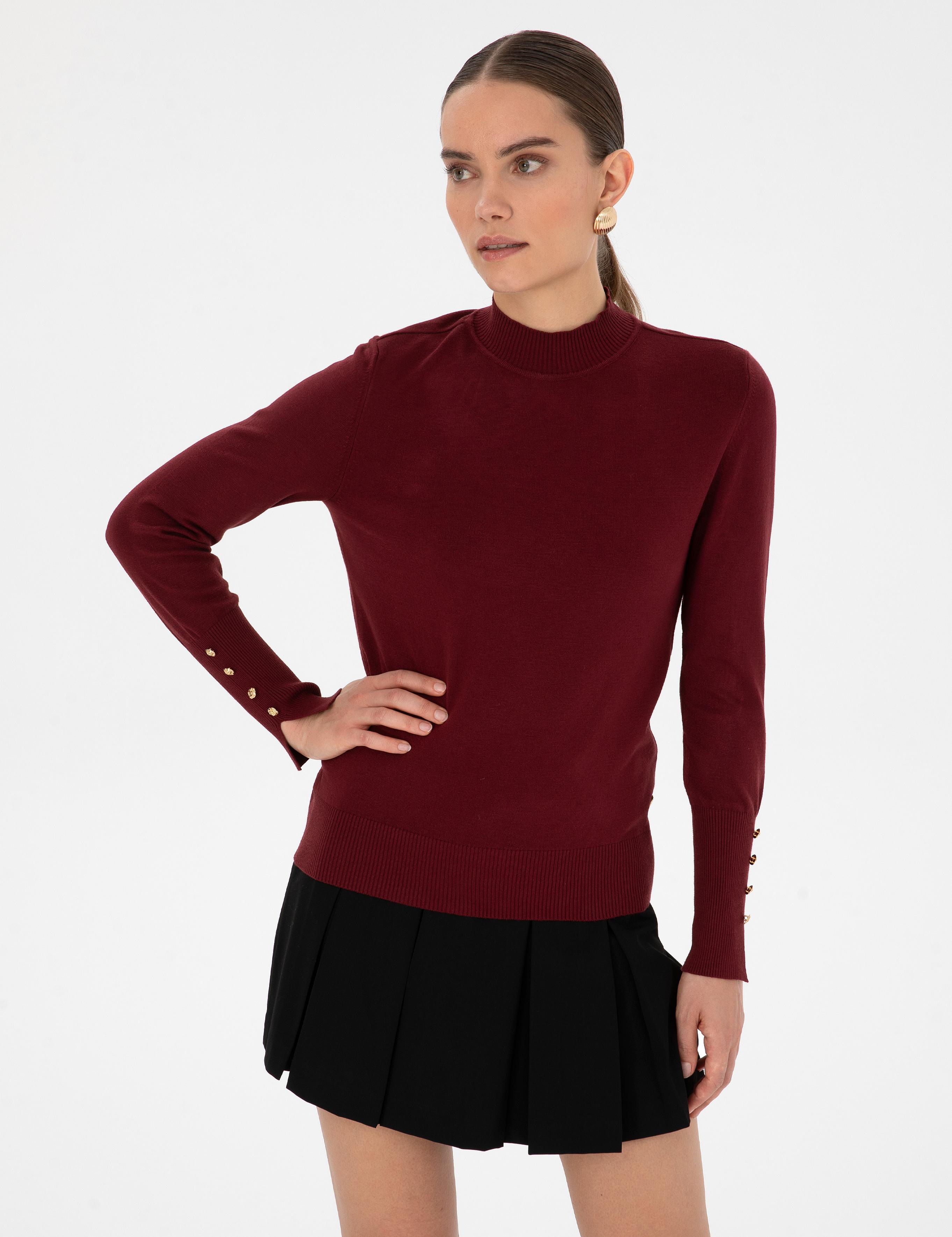 Vişne Slim Fit Yarım Balıkçı Basic Kazak