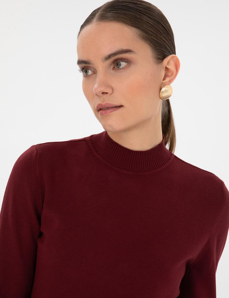 Vişne Slim Fit Yarım Balıkçı Basic Kazak