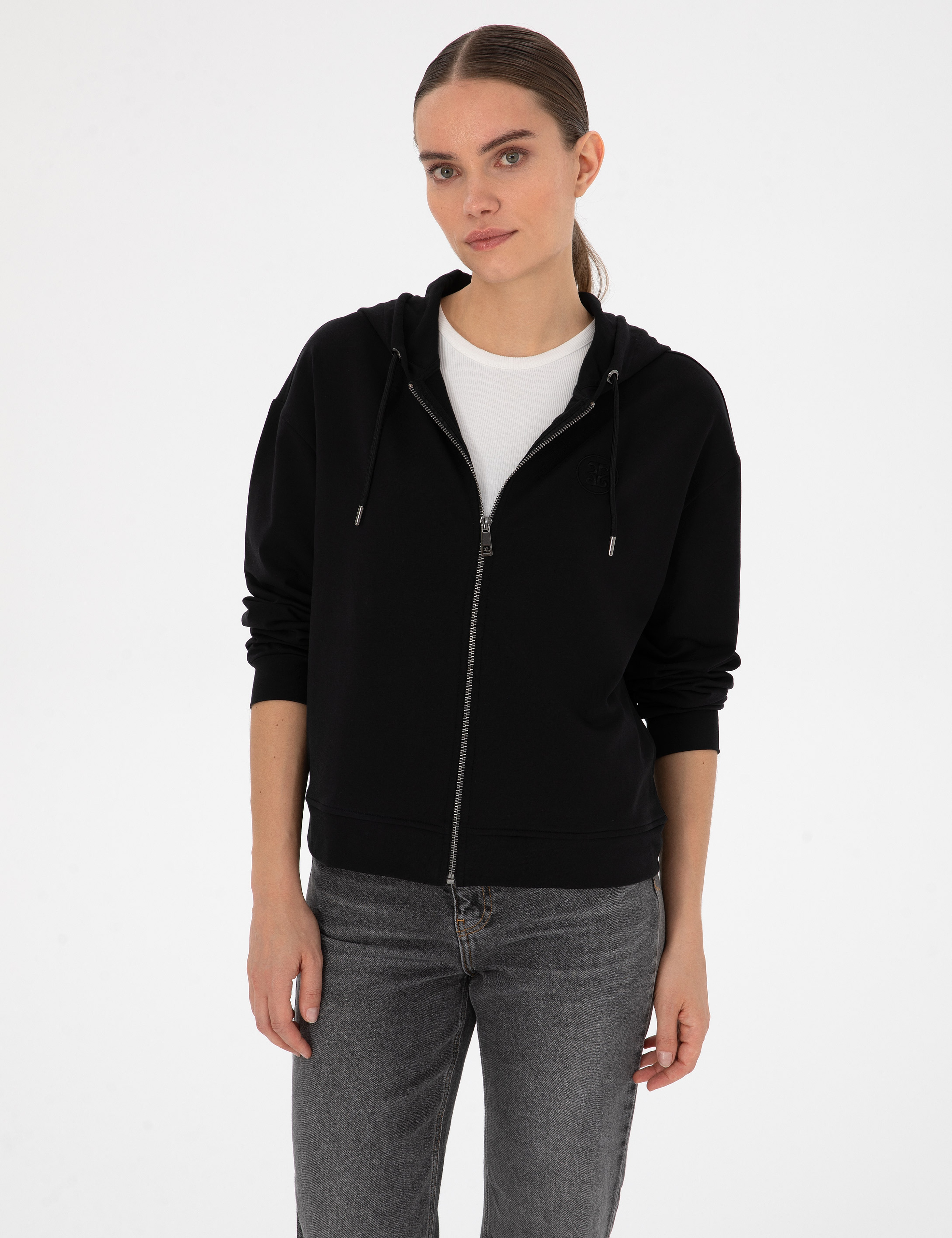 Siyah Comfort Fit Fermuarlı Sweatshirt - Image 1
