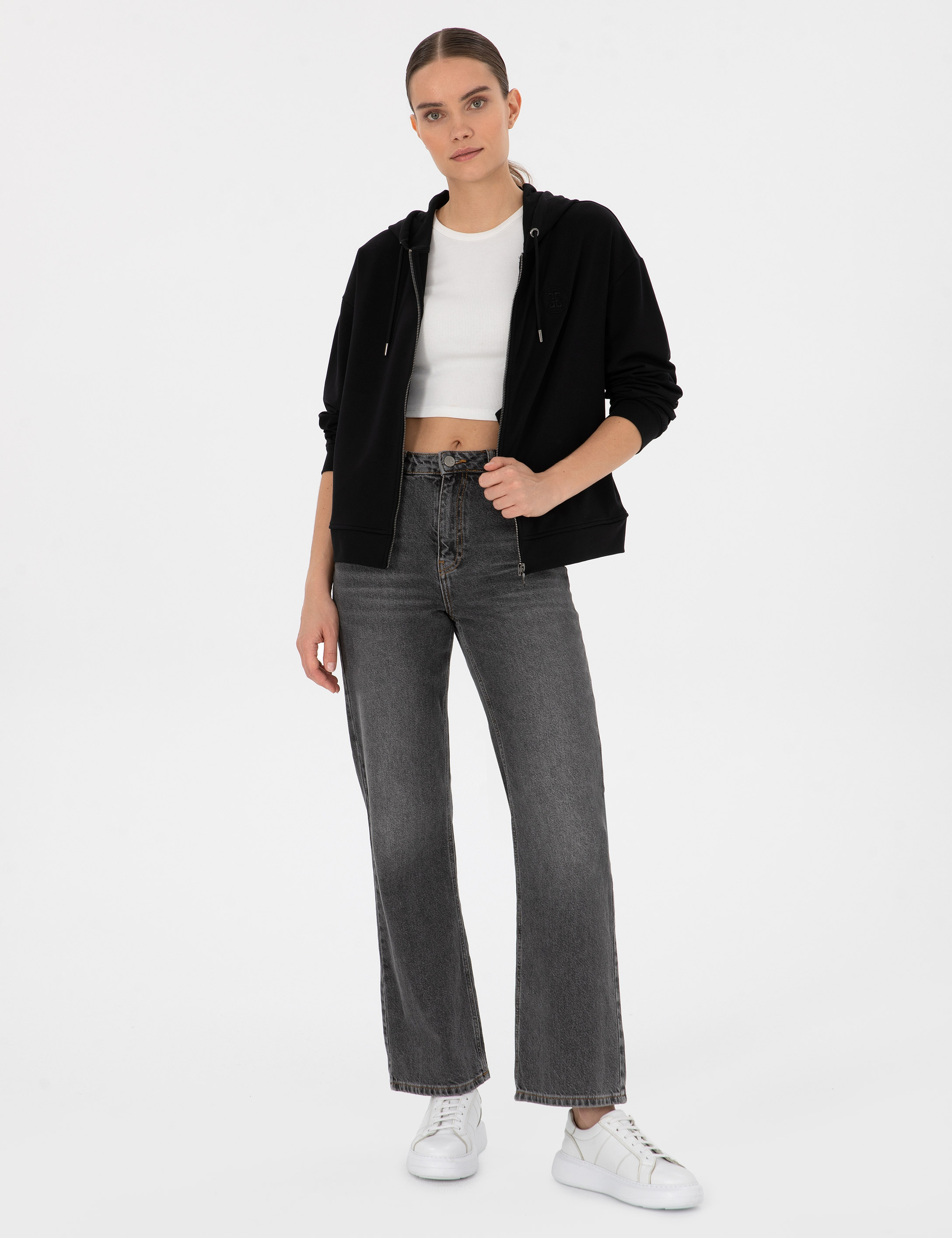 Siyah Comfort Fit Fermuarlı Sweatshirt