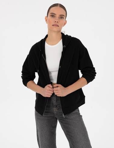 Siyah Comfort Fit Fermuarlı Sweatshirt