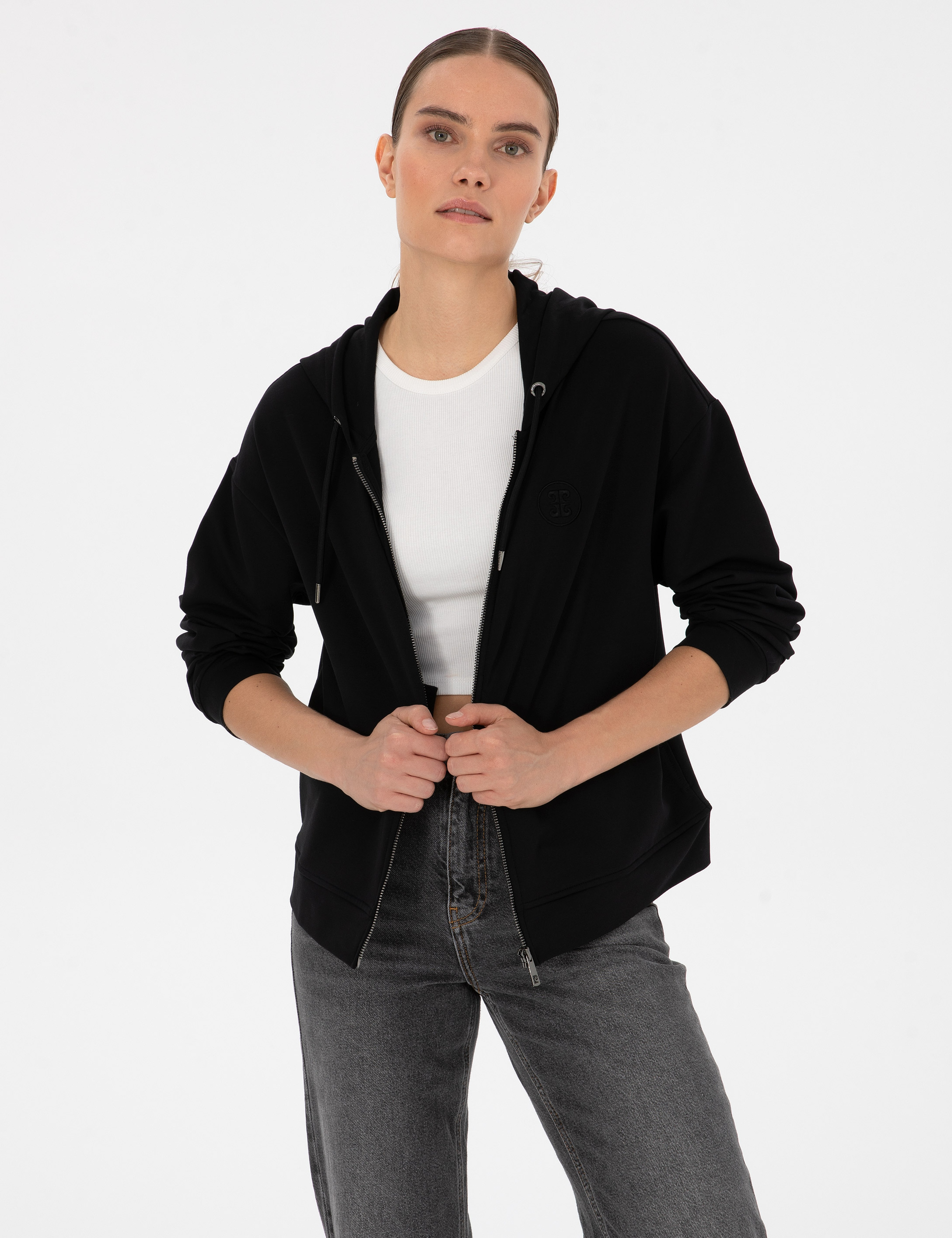 Siyah Comfort Fit Fermuarlı Sweatshirt - Image 3