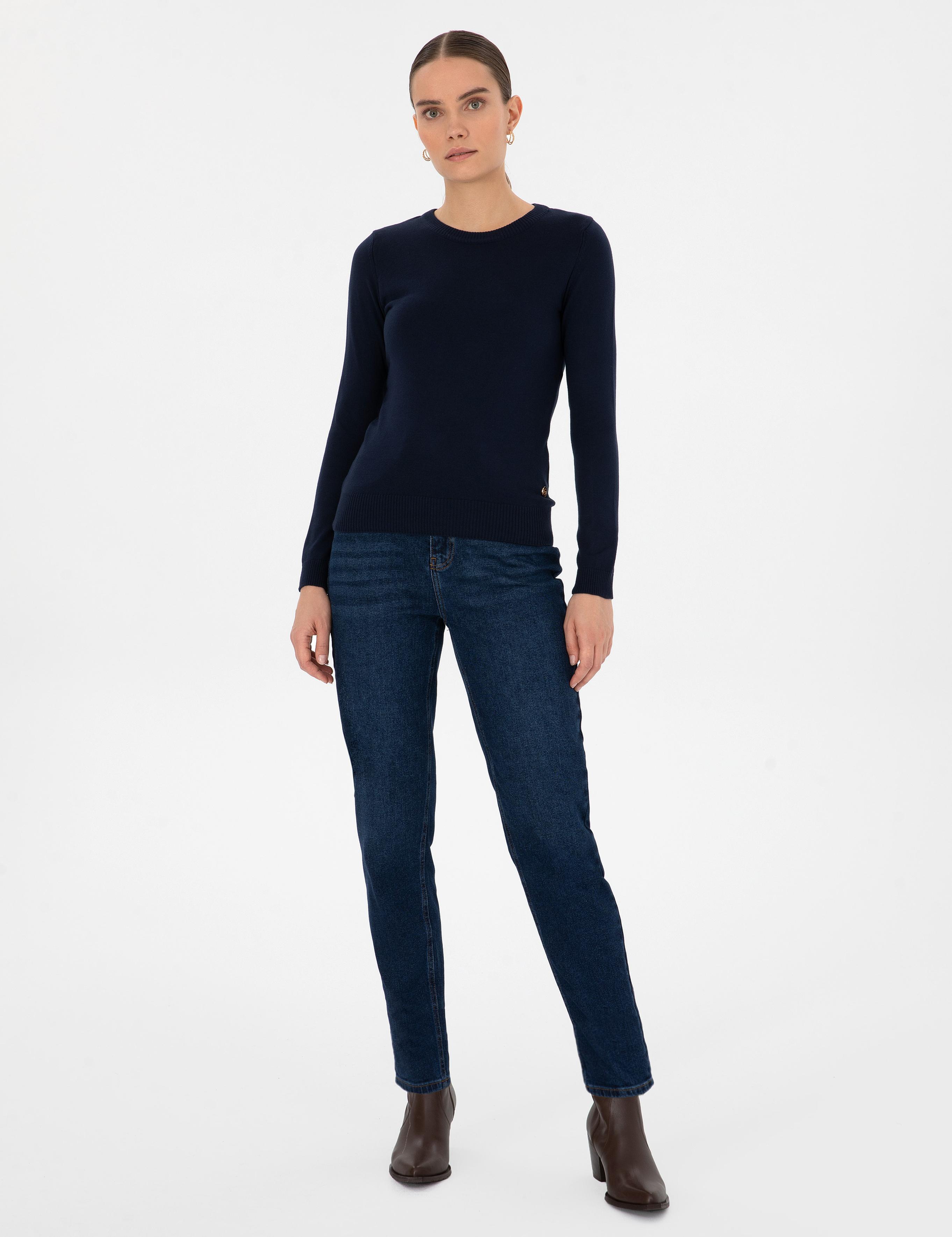 Lacivert Slim Fit Bisiklet Yaka Basic Kazak