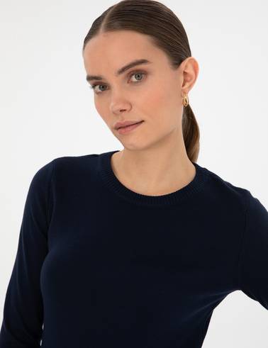 Lacivert Slim Fit Bisiklet Yaka Basic Kazak