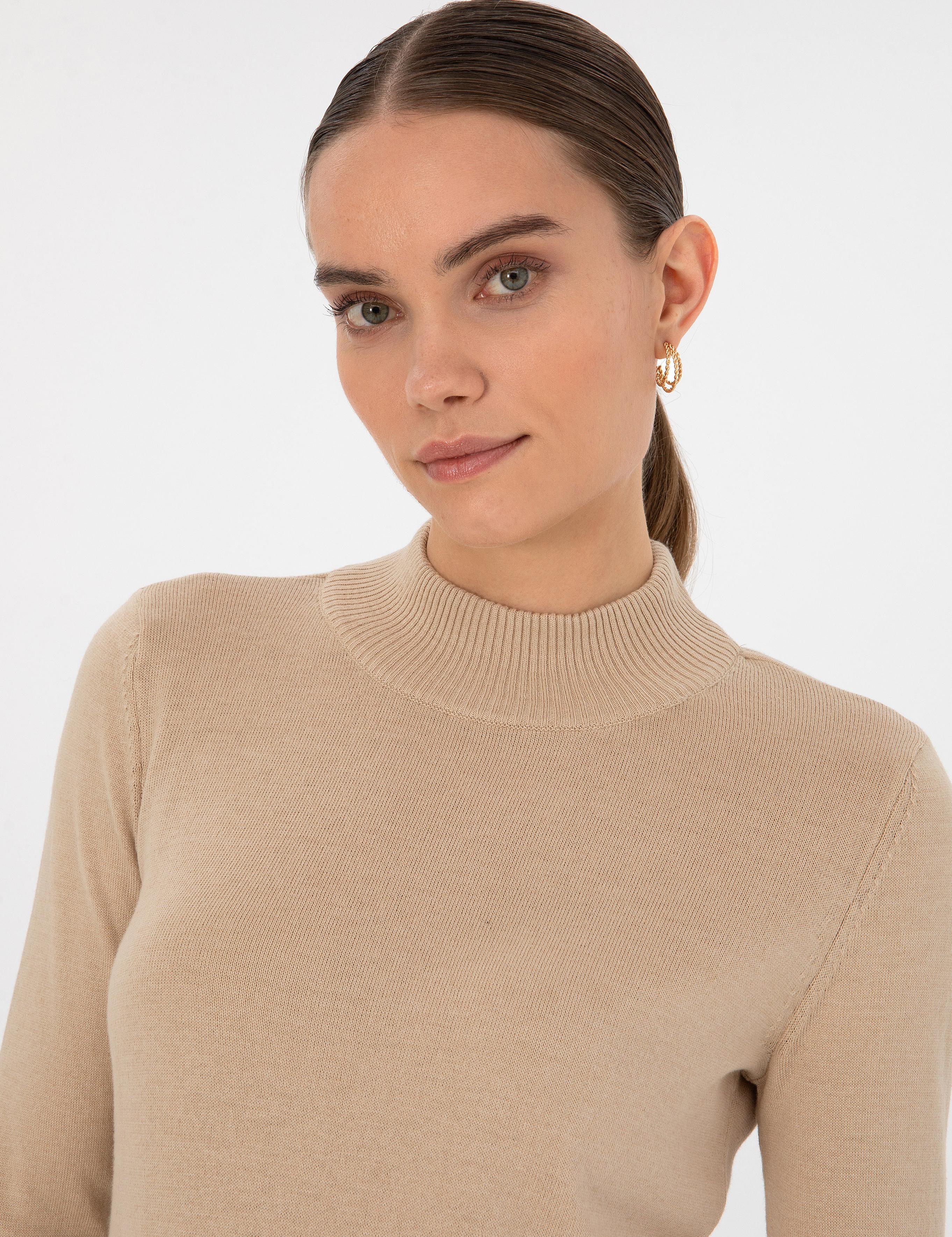 Bej Slim Fit Yarım Balıkçı Basic Kazak