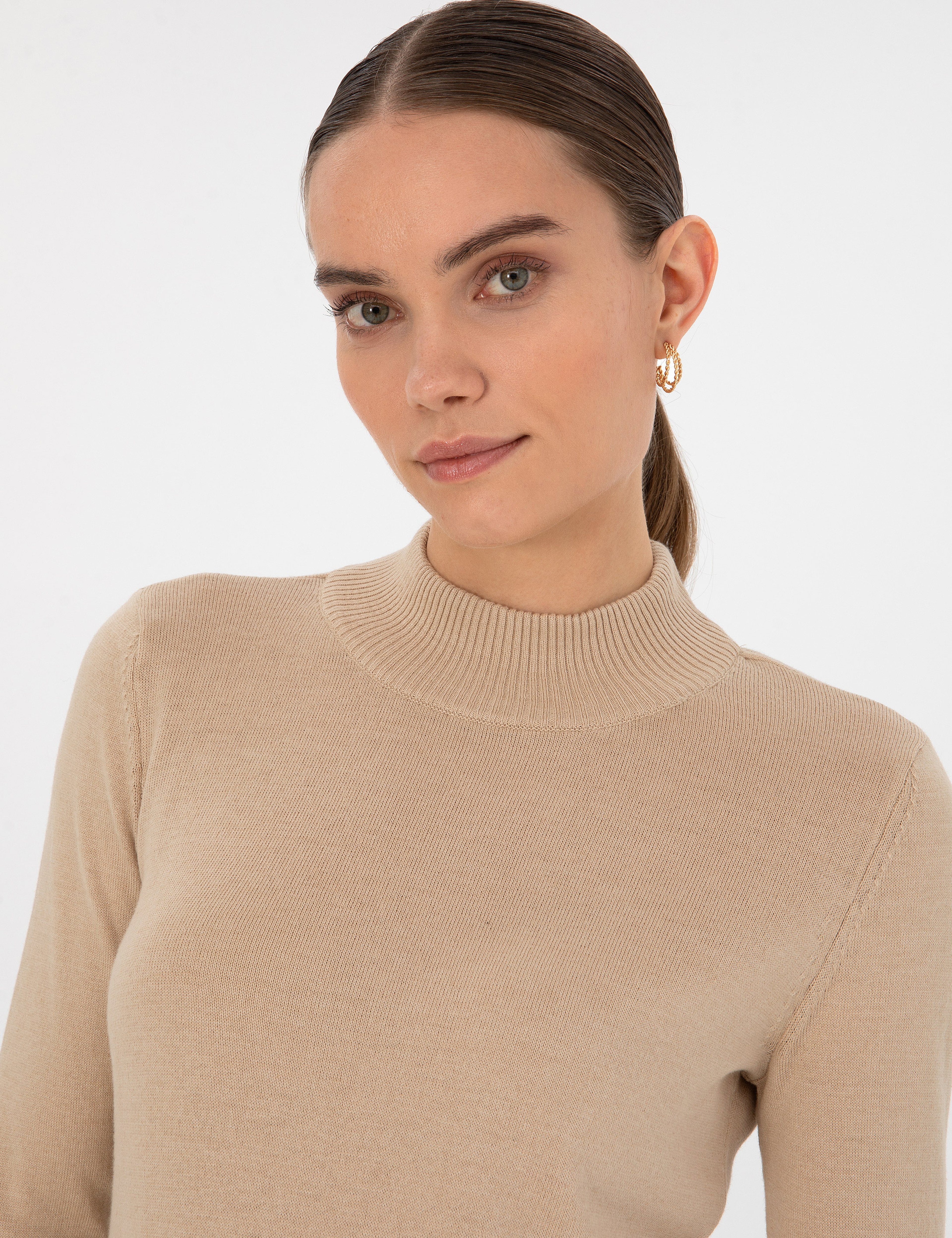 Bej Slim Fit Yarım Balıkçı Basic Kazak - Image 3
