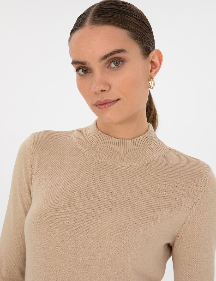 Bej Slim Fit Yarım Balıkçı Basic Kazak