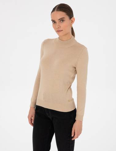 Bej Slim Fit Yarım Balıkçı Basic Kazak