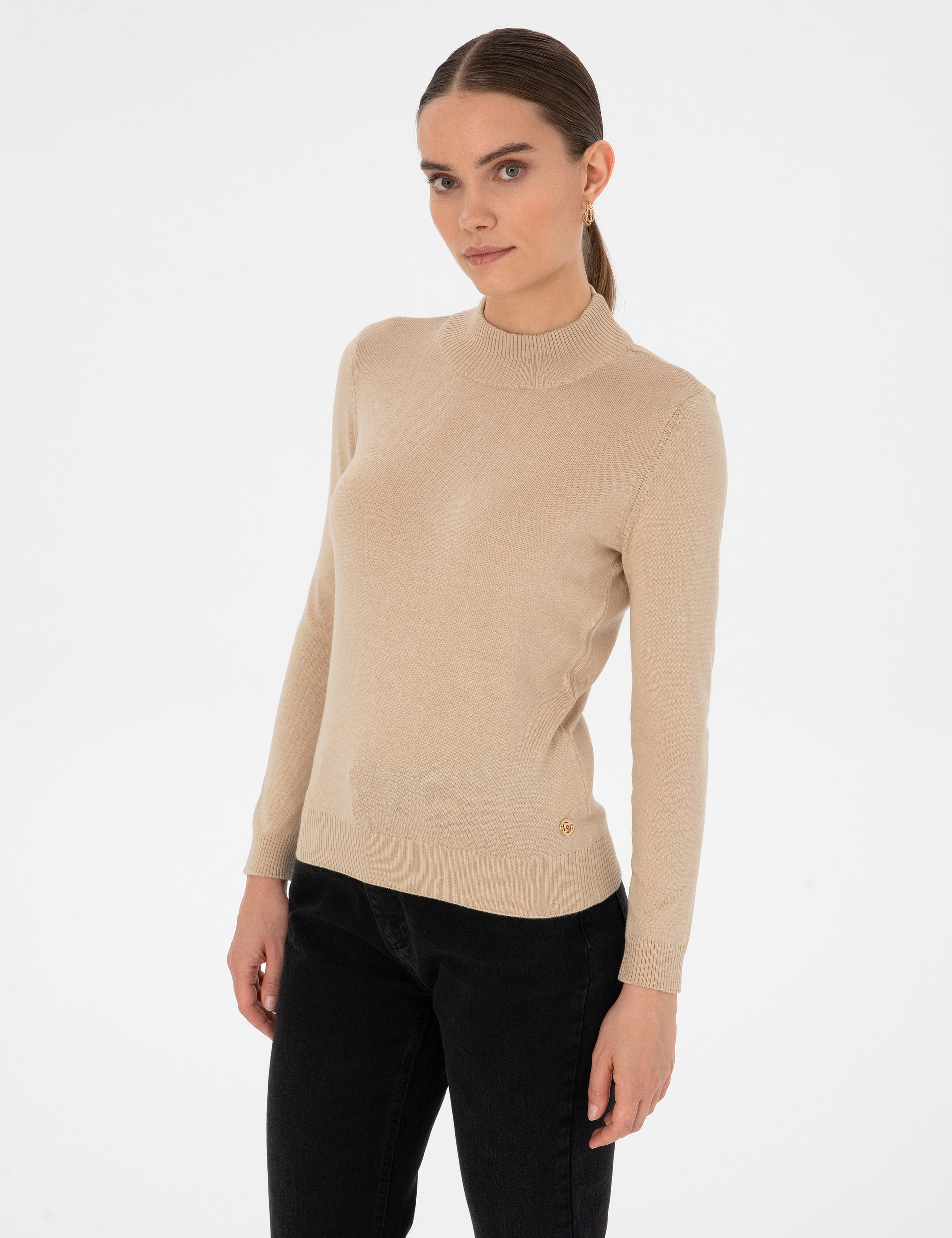 Bej Slim Fit Yarım Balıkçı Basic Kazak