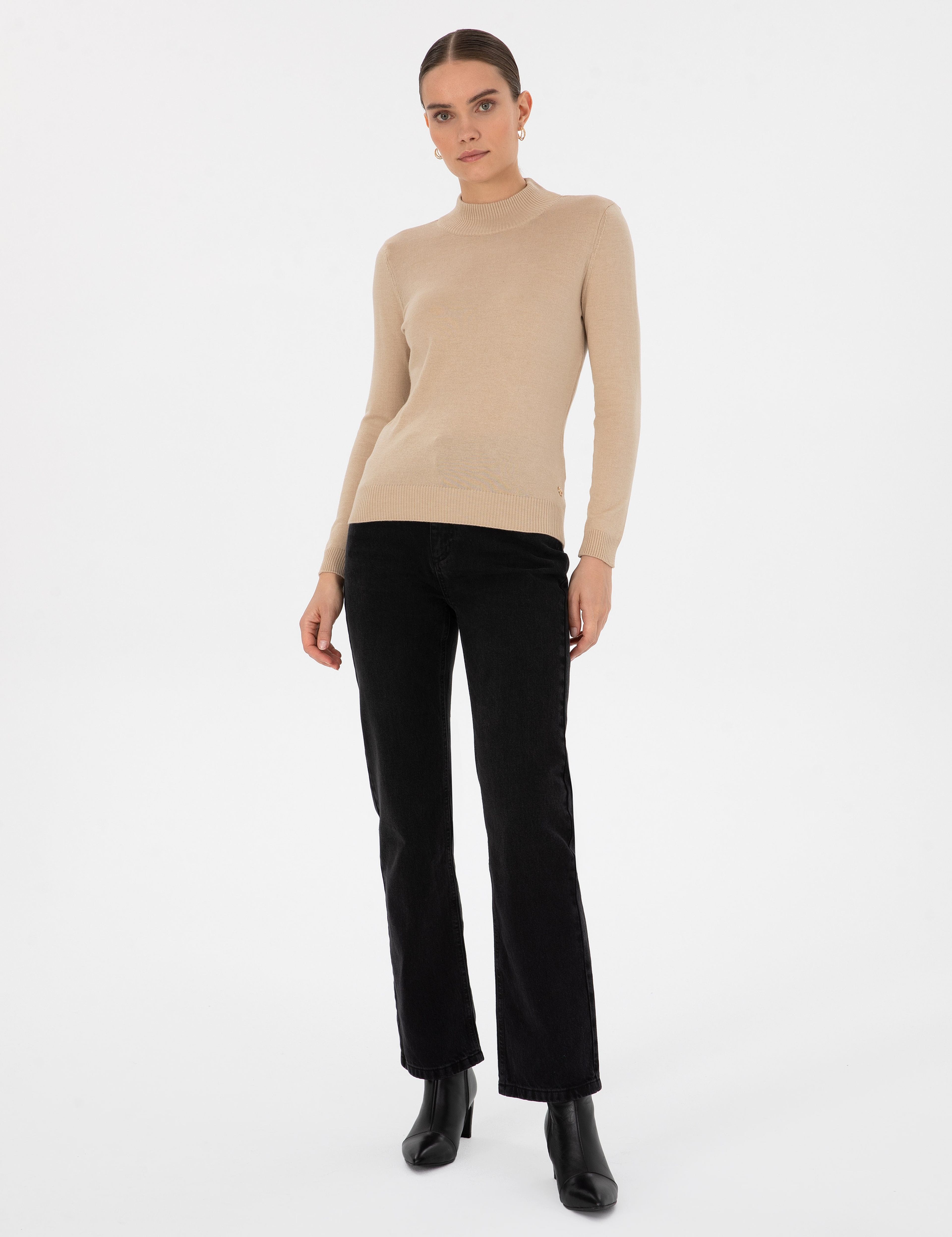 Bej Slim Fit Yarım Balıkçı Basic Kazak - Image 1